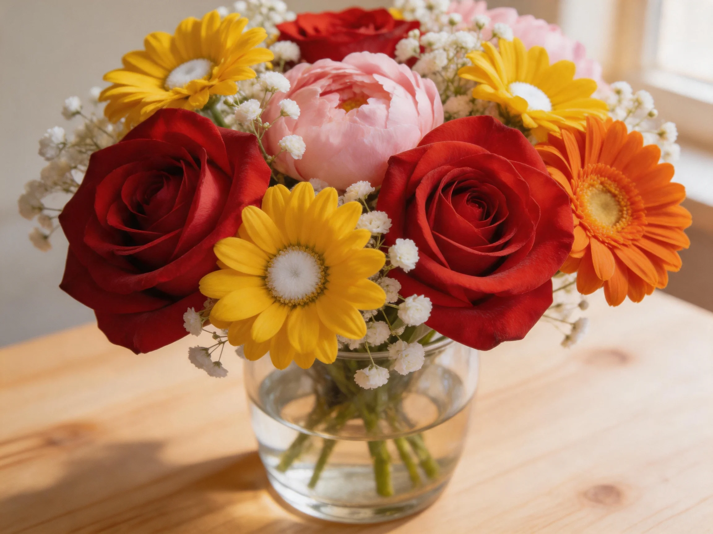 A vibrant flower bouquet with red roses, yellow daisies, and pink peonies in a glass vase
