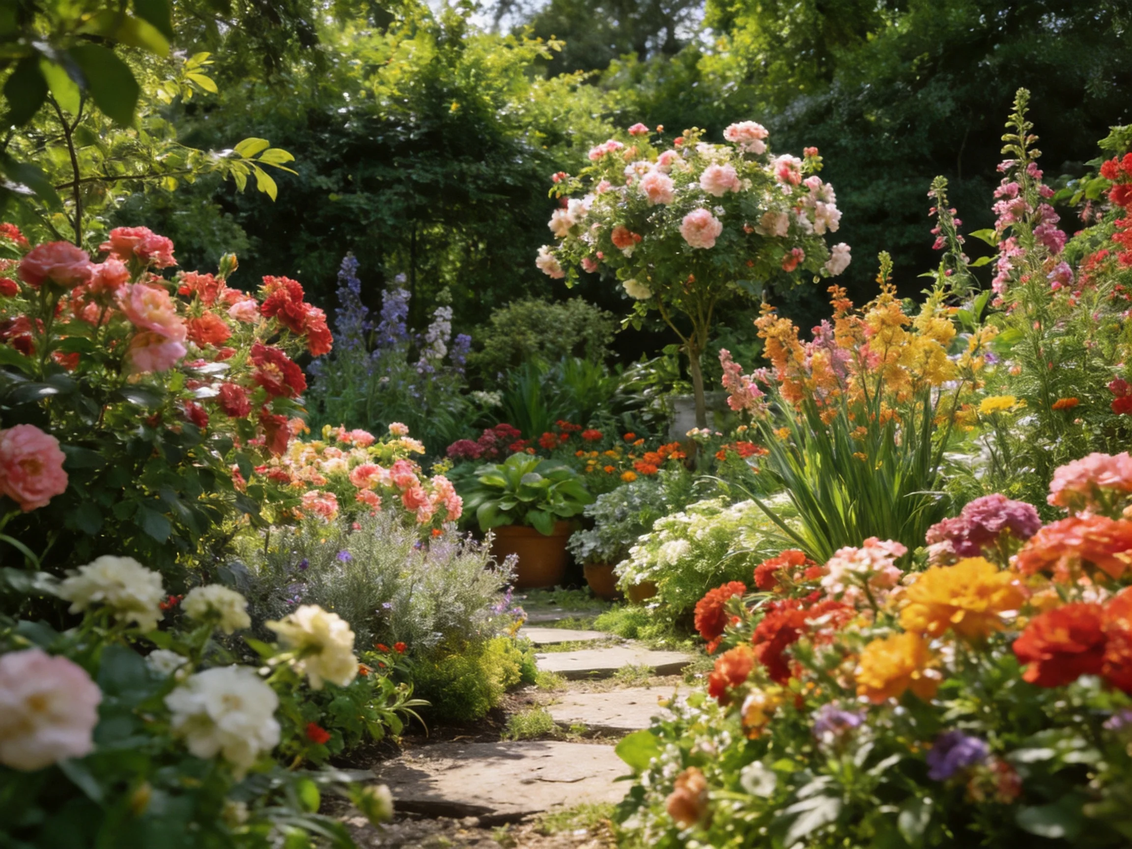 A vibrant flower-filled garden with stone path and diverse blooms
