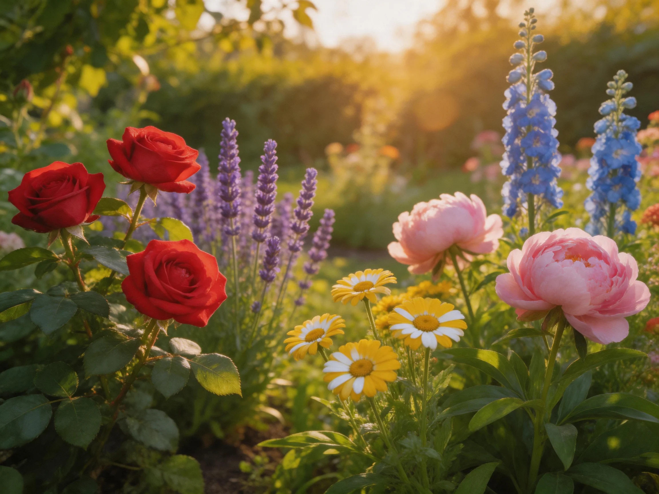 A vibrant flower garden with red roses, pink peonies, and blue blooms