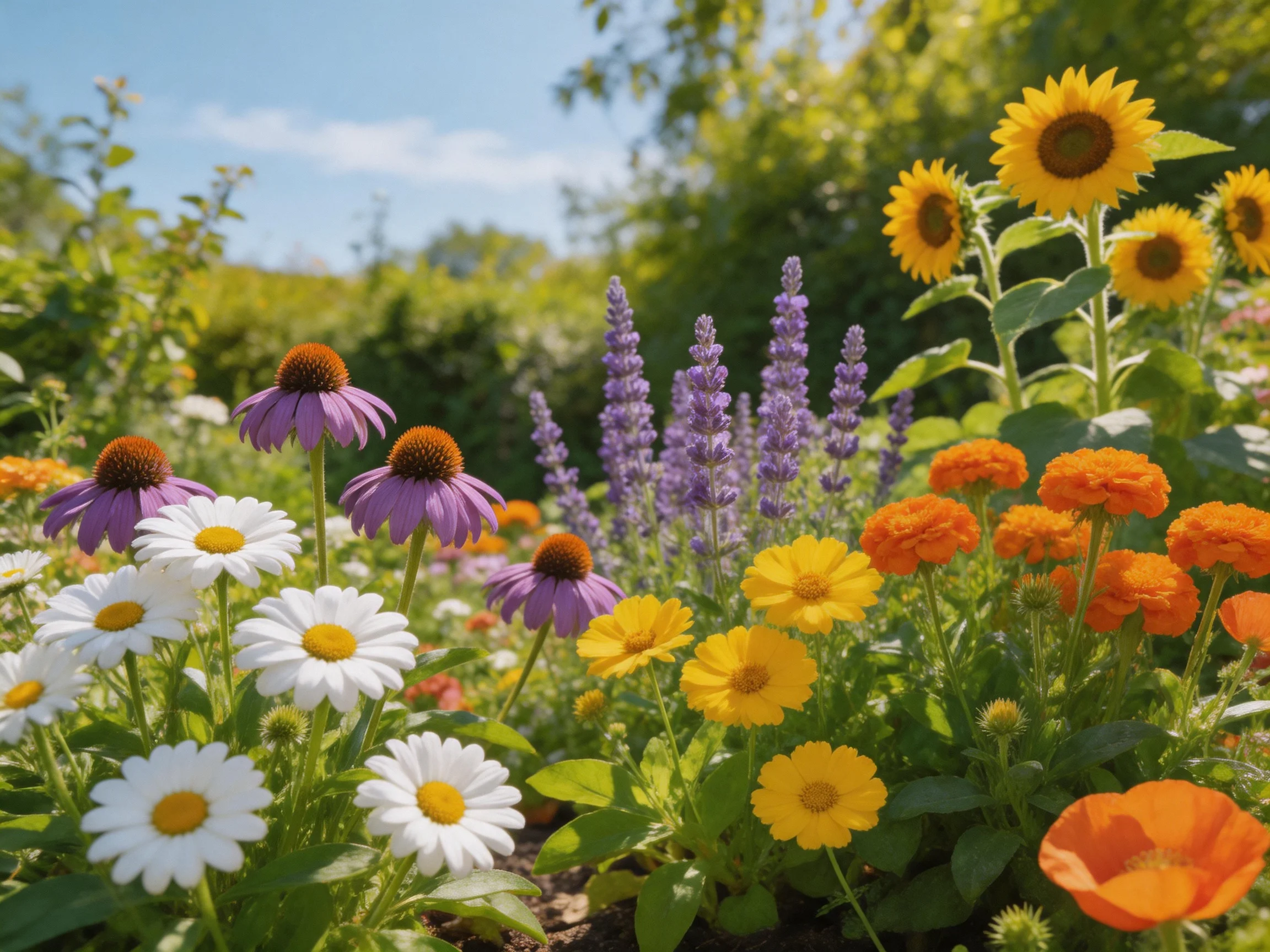 A vibrant flower garden with sunflowers, daisies, and colorful blooms