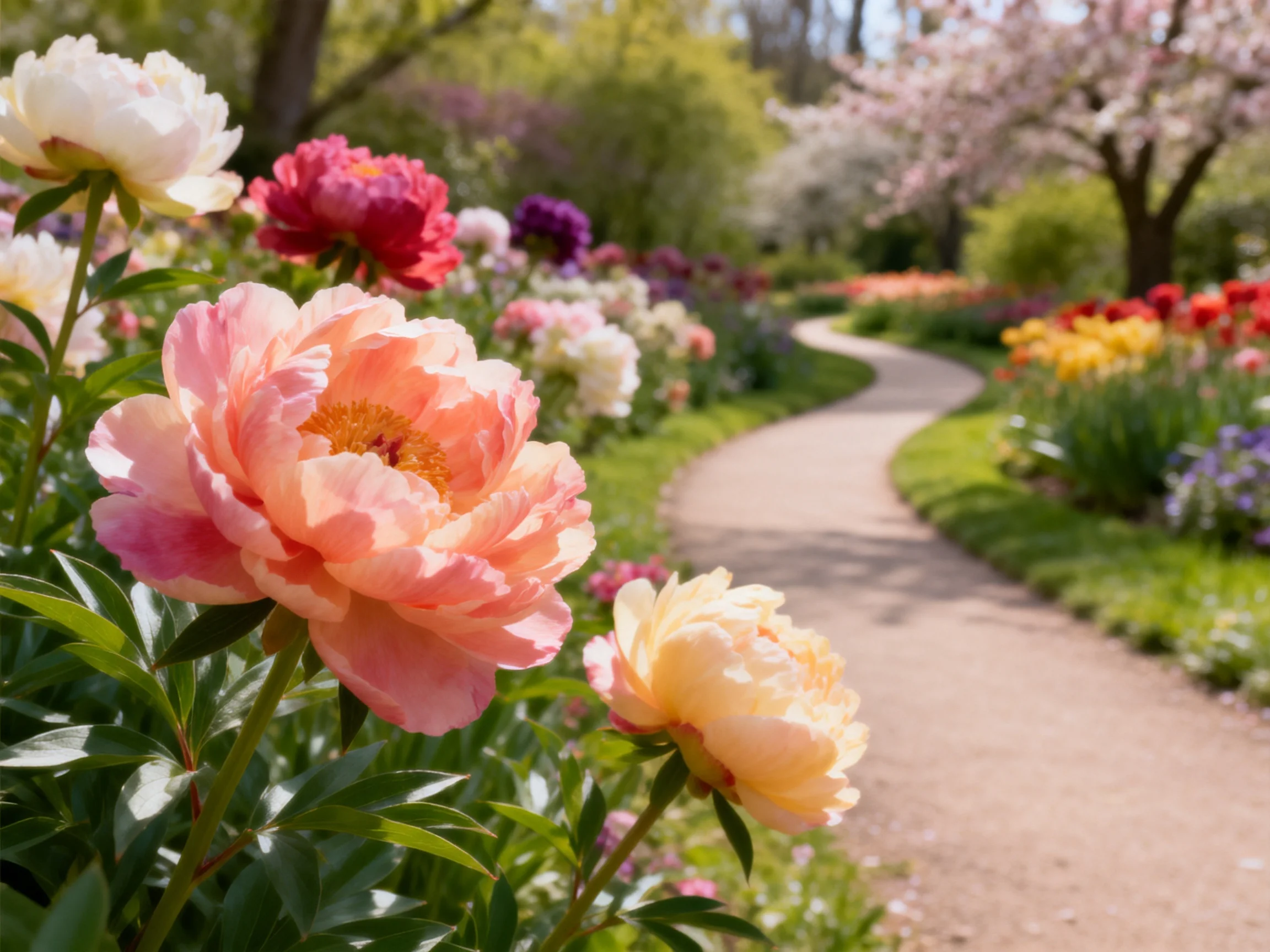 A vibrant flower garden with winding path and diverse blooms