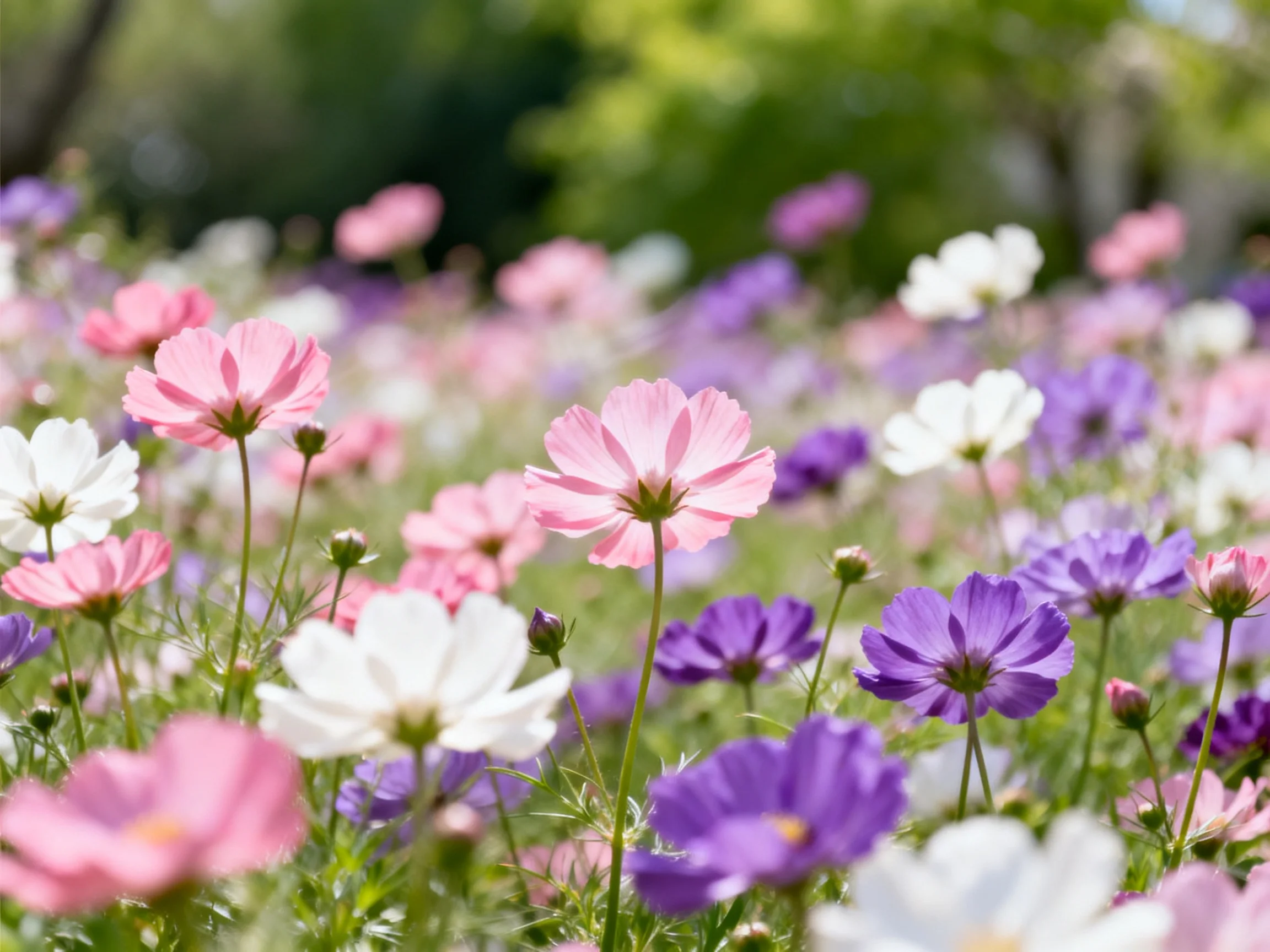 A vibrant flower meadow with pink, purple, and white cosmos blooms