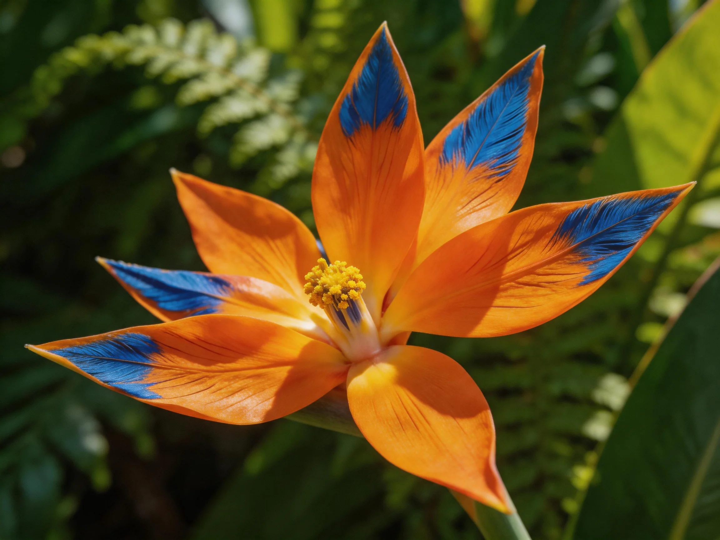 A vibrant flower with orange petals and blue petal tips