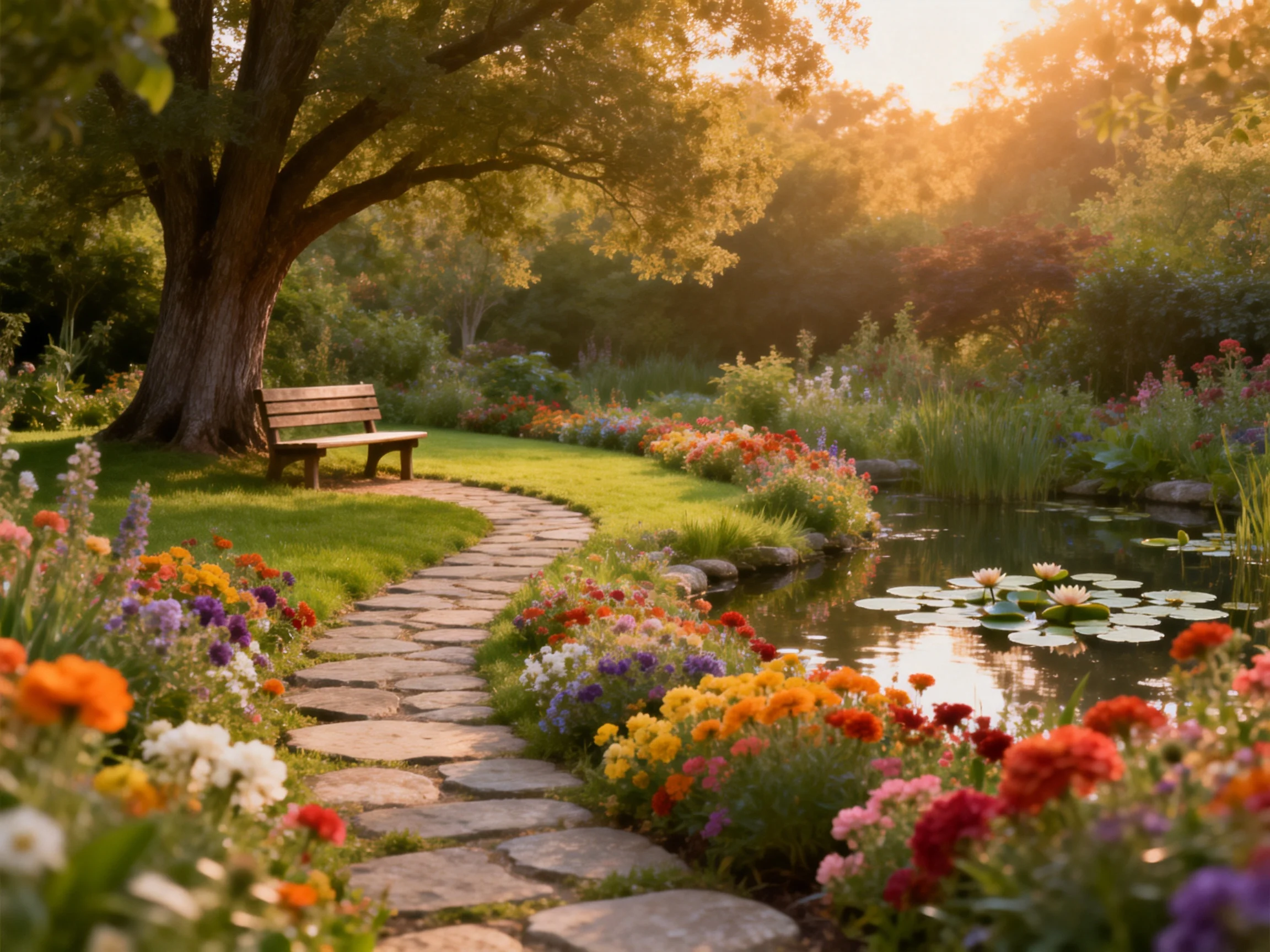 A vibrant garden with colorful flowers, winding stone path, and serene pond