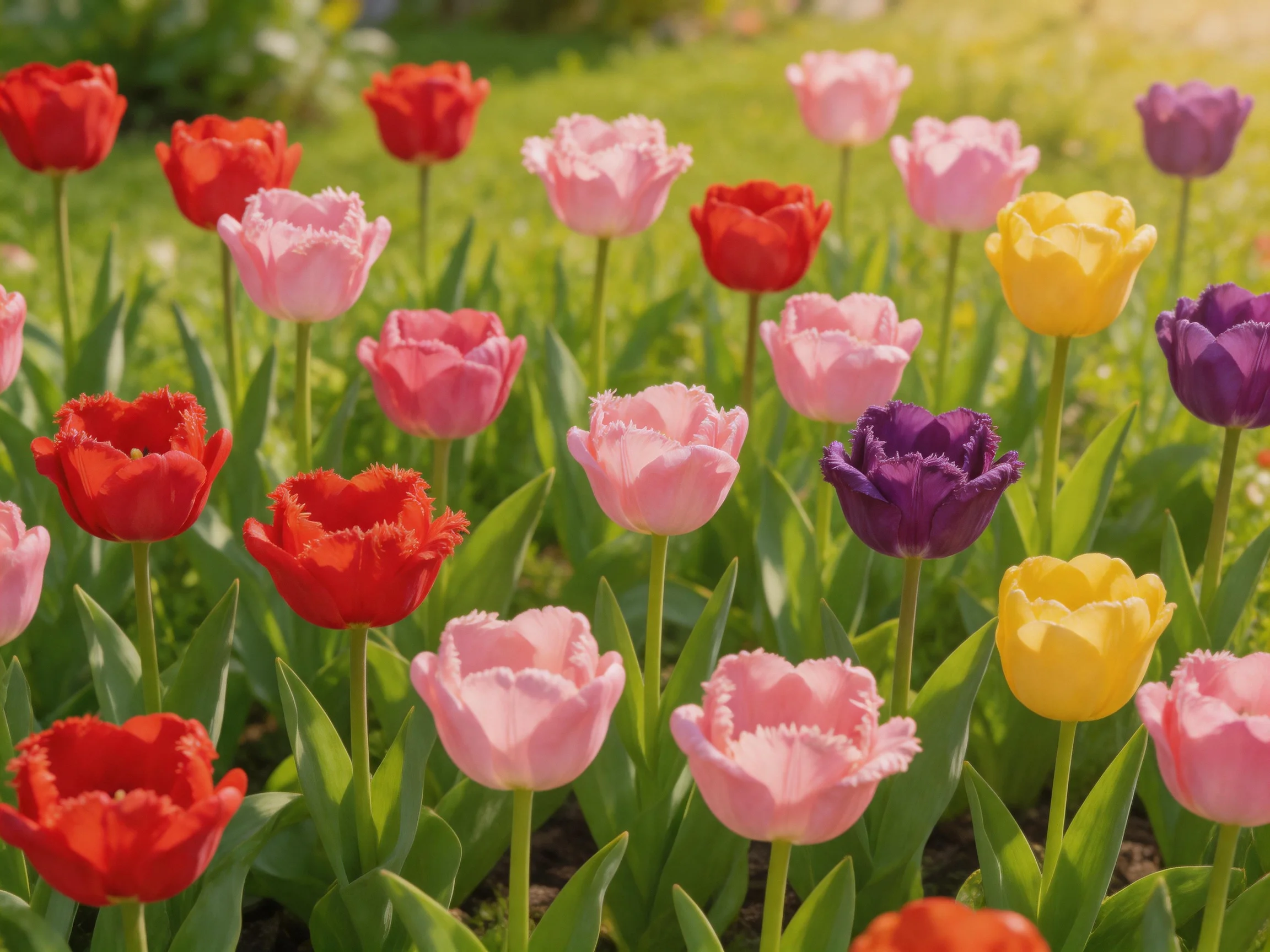 A vibrant garden with numerous tulips in red, pink, yellow, and purple