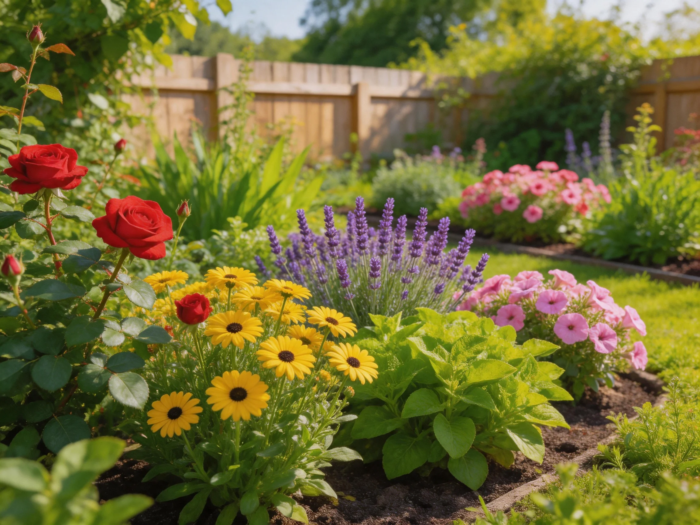 A vibrant garden with red roses, yellow blooms, and purple lavender