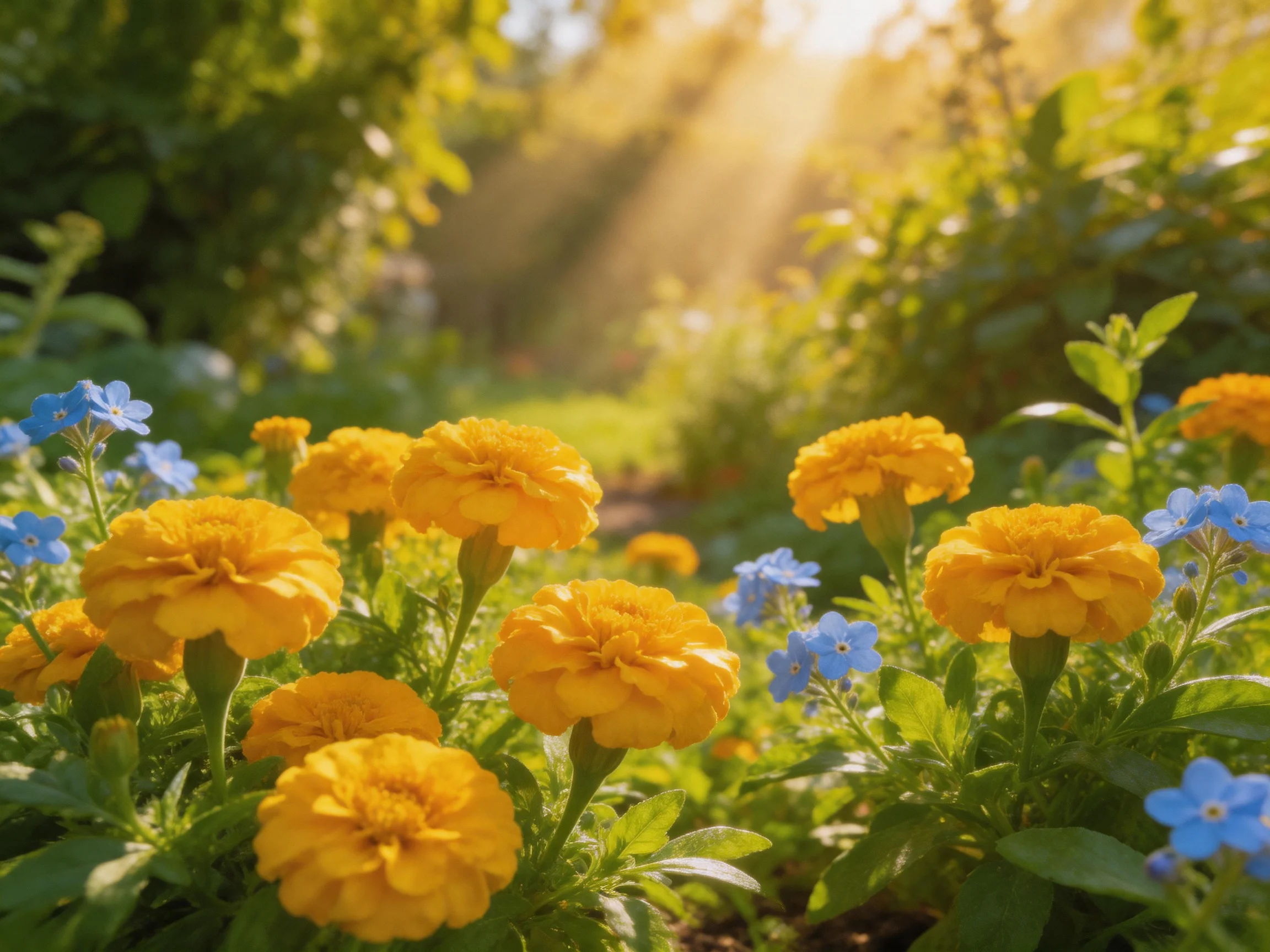 A vibrant garden with yellow marigolds and blue flowers under golden sunlight
