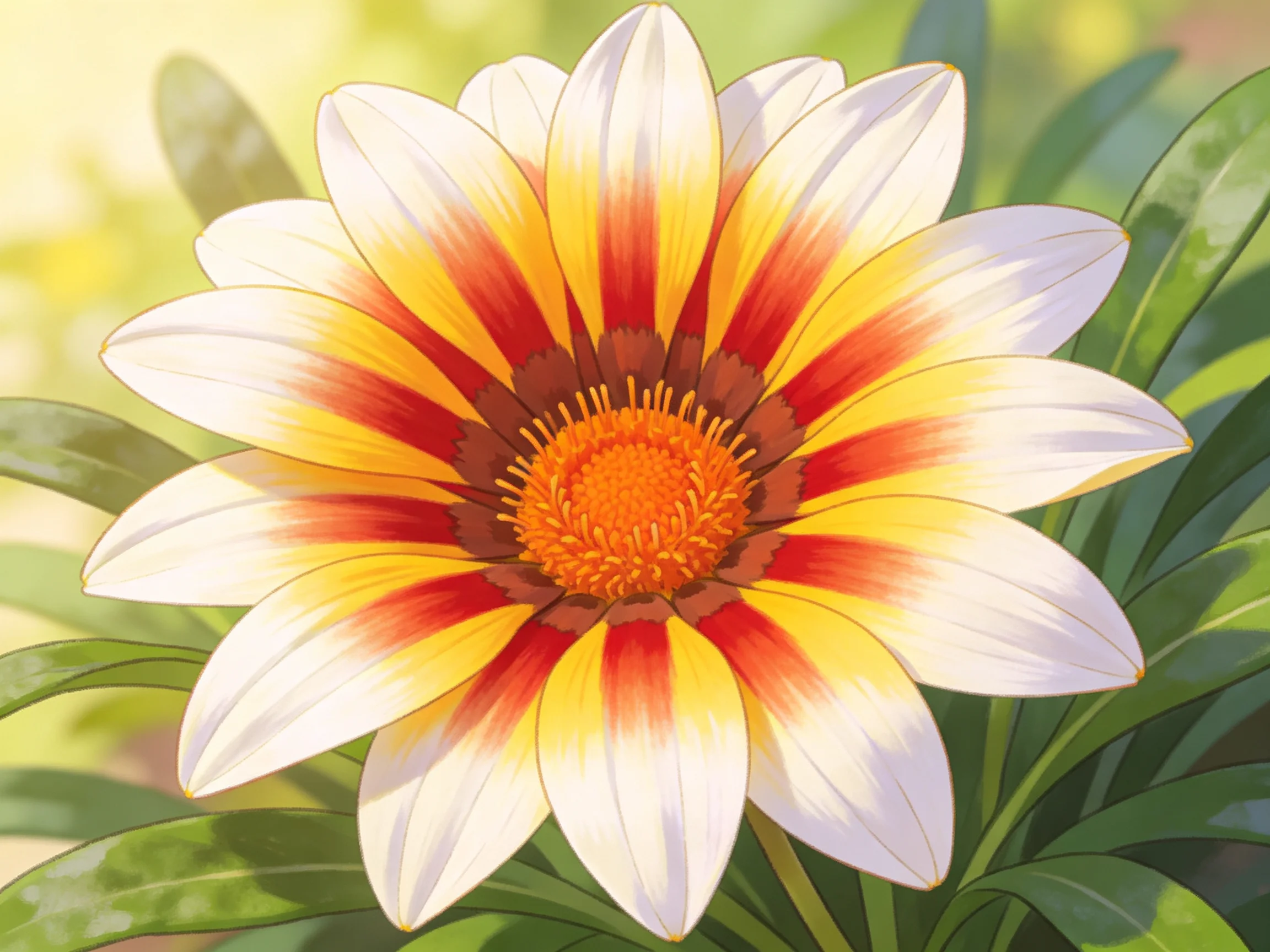 A vibrant gazania flower with white, yellow, and red petals