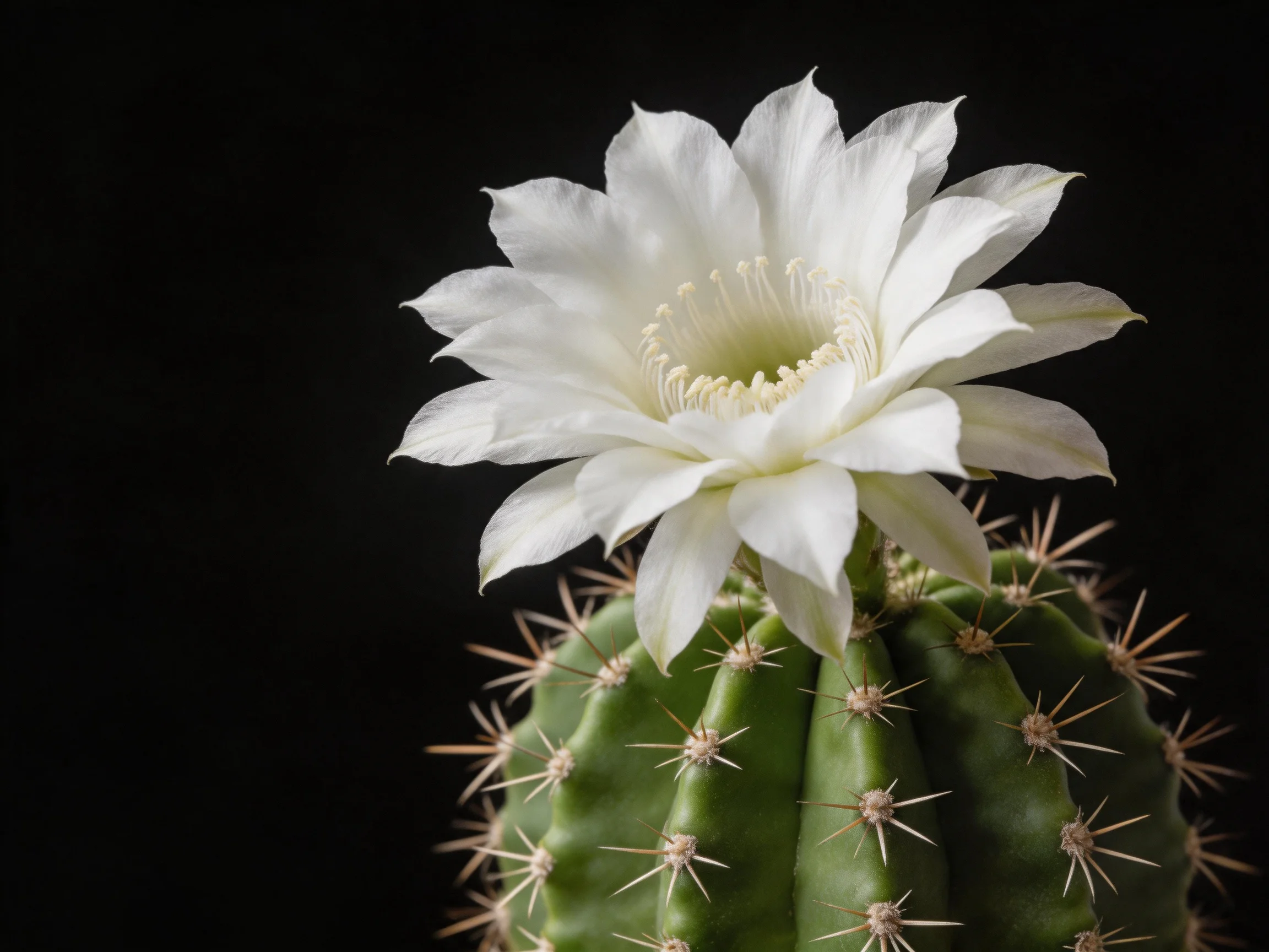 A vibrant green cactus blooms with a large white flower against a dark backdrop.