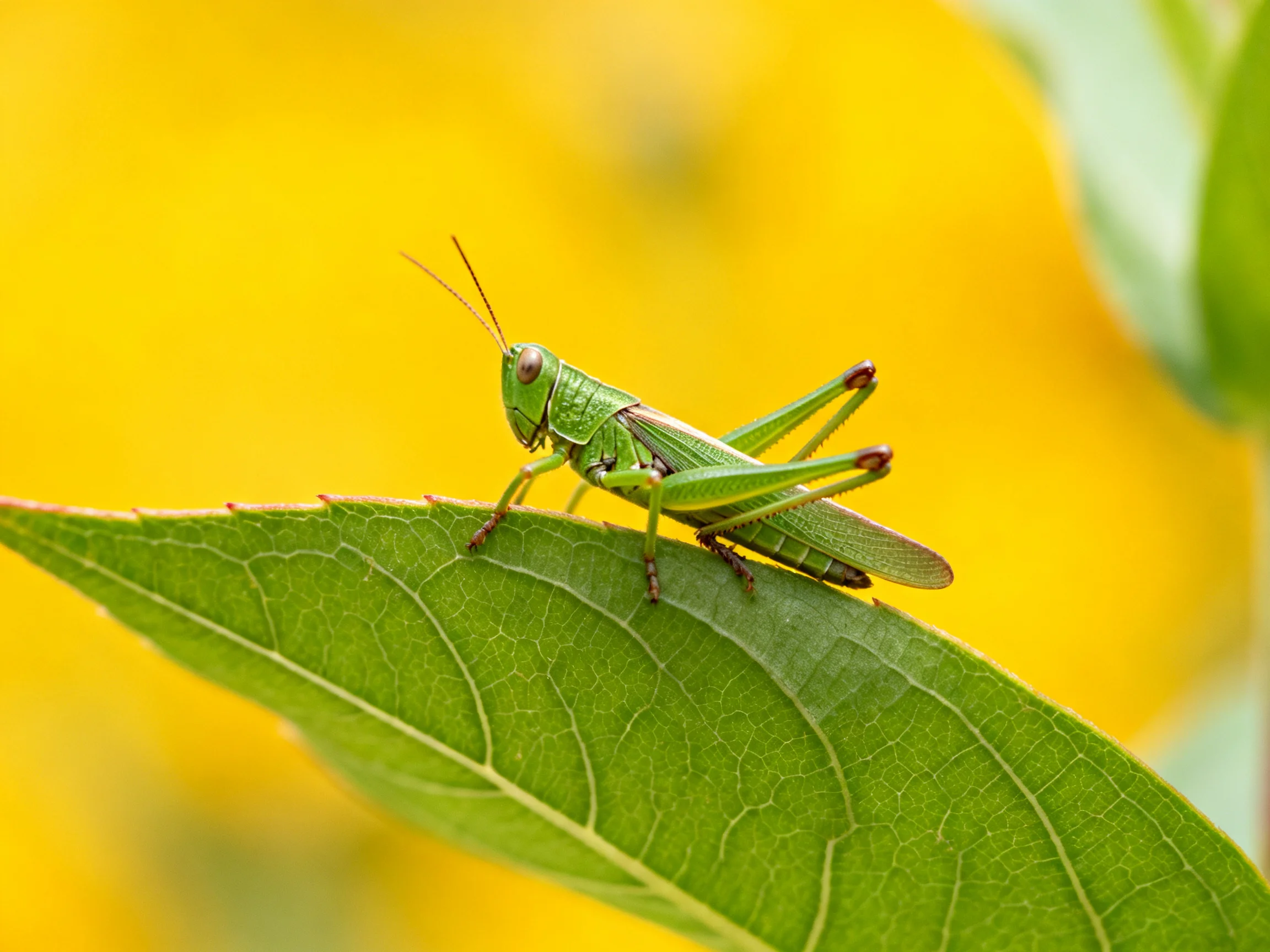 A vibrant green grasshopper perches on a broad leaf with sunny yellow backdrop.