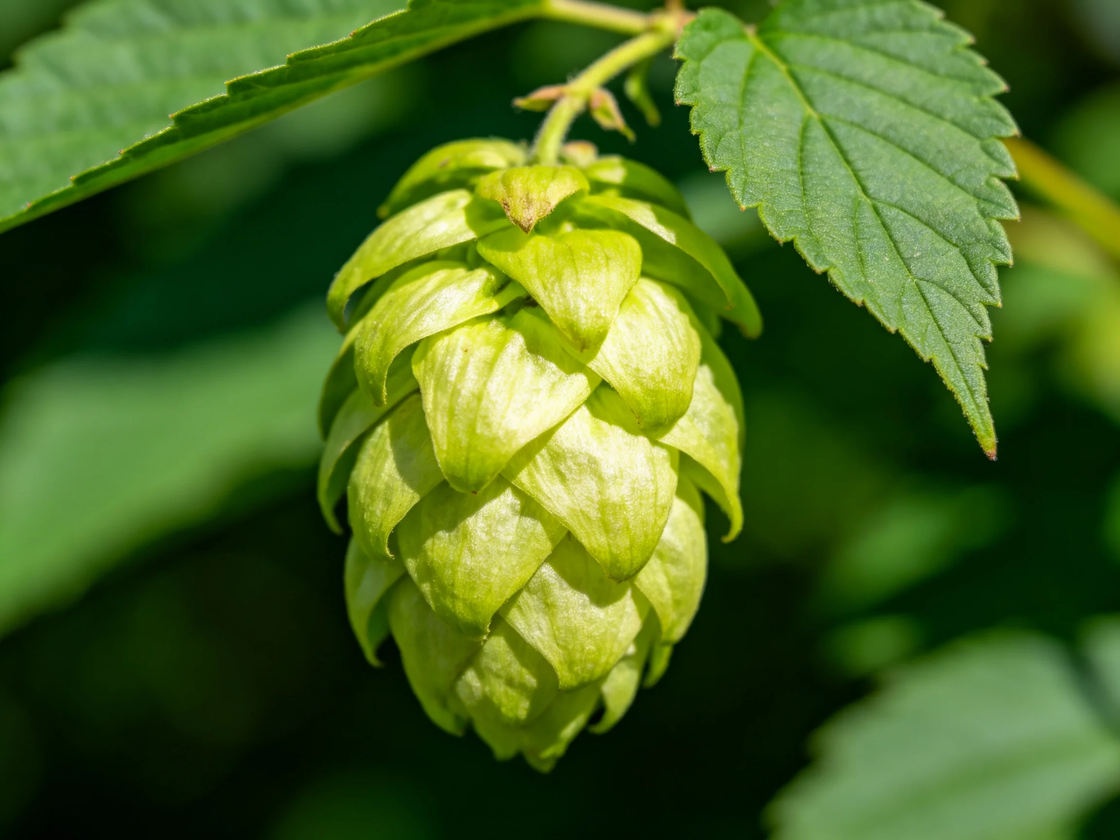 A vibrant green hop cone attached to broad leafy plant