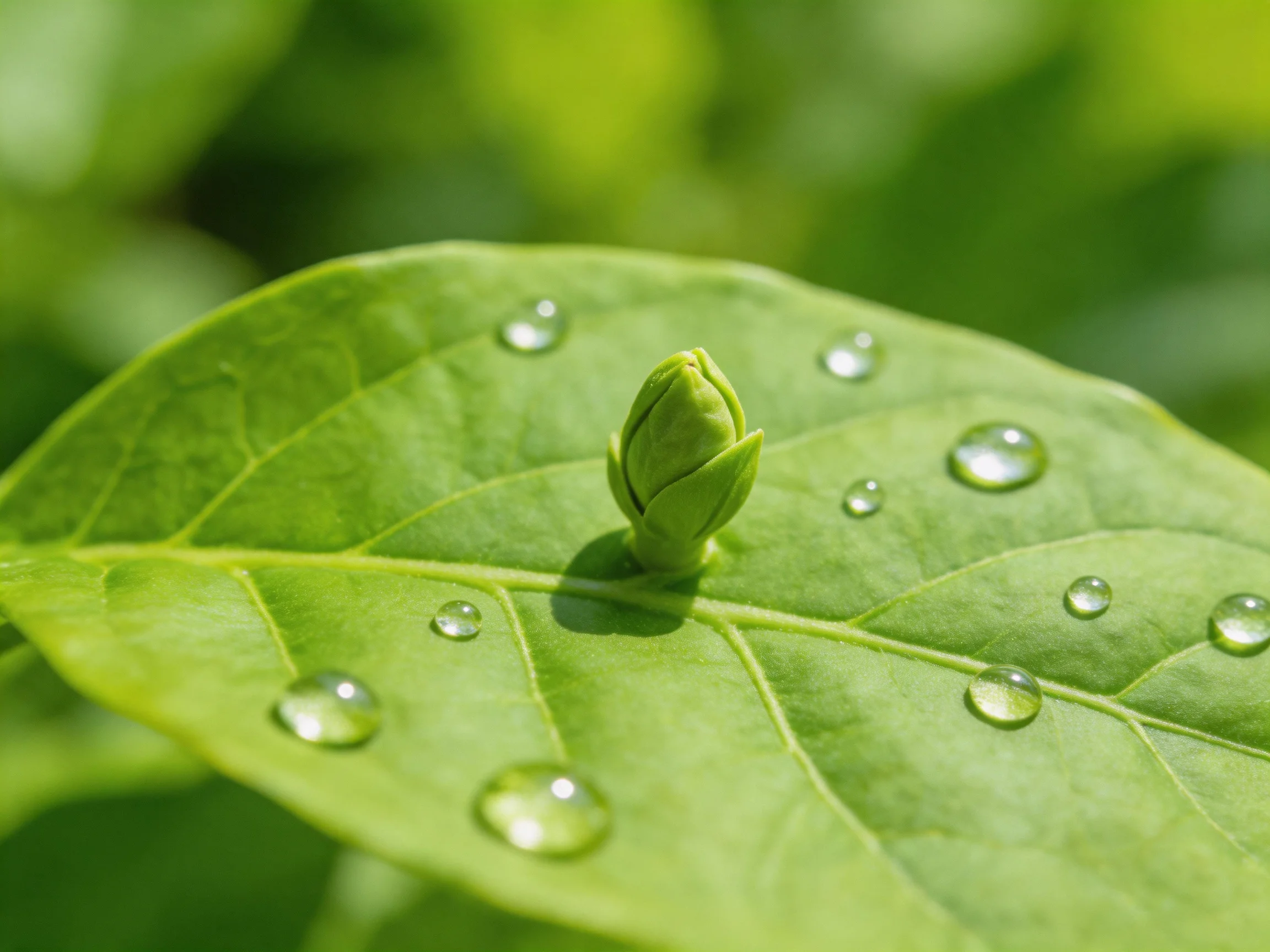 A vibrant green leaf with glistening water droplets and a budding flower