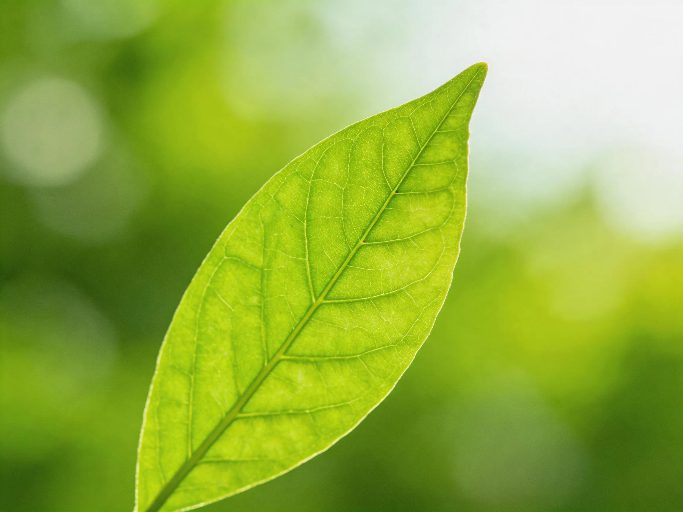 A vibrant green leaf with intricate vein patterns against blurred foliage