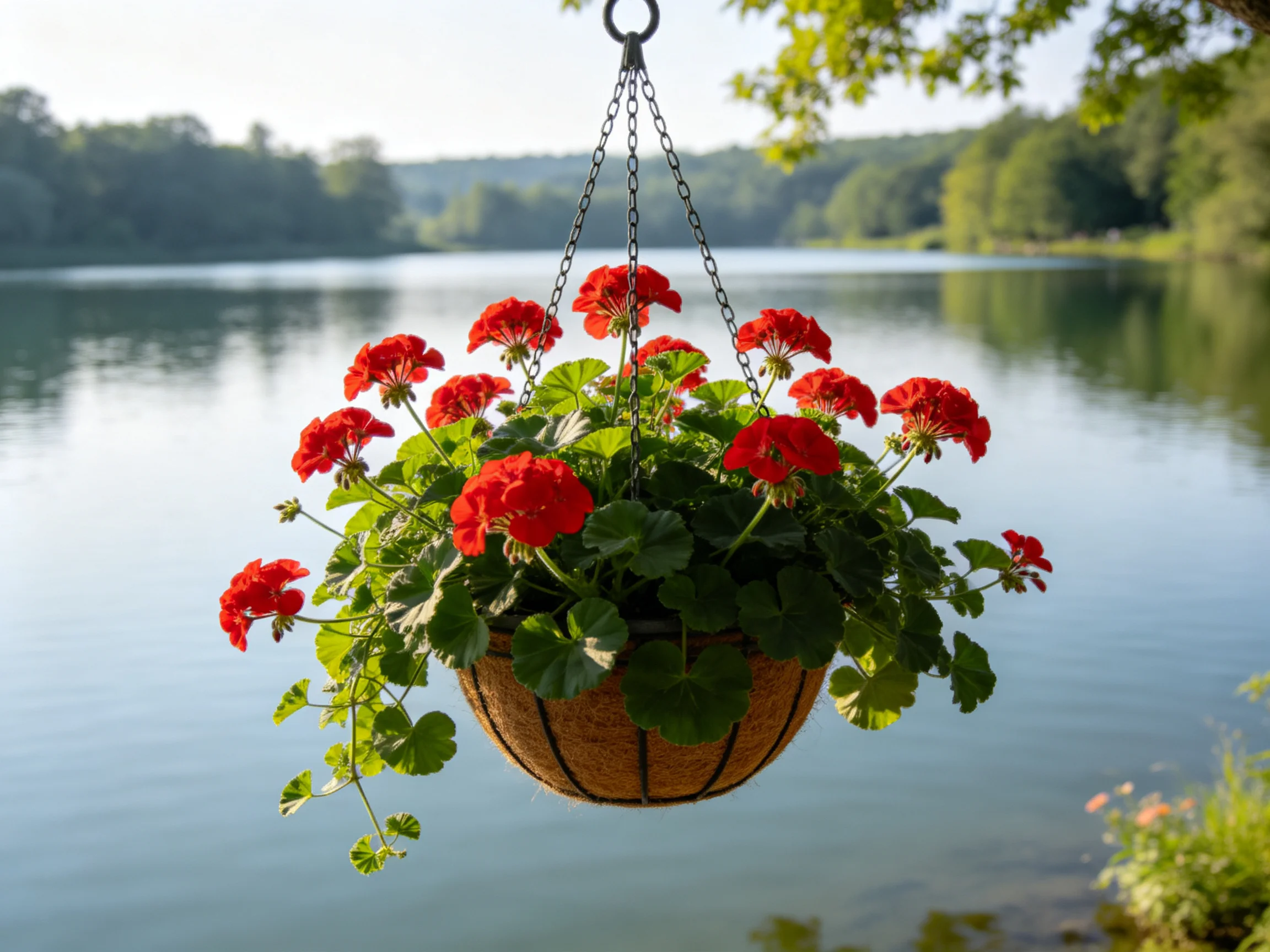 A vibrant hanging basket of red geraniums overlooks a calm lake