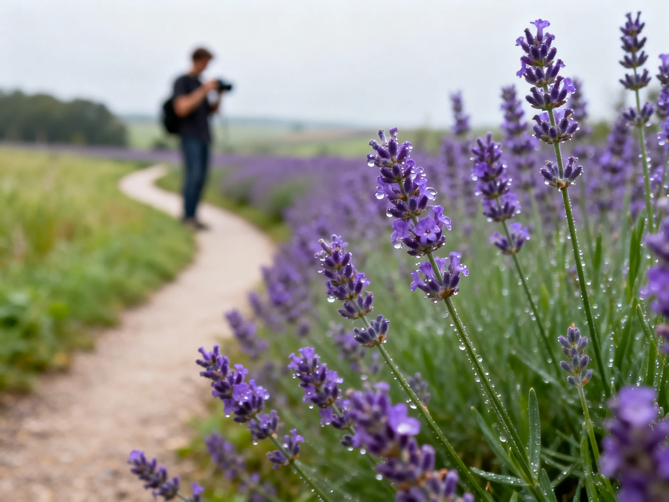A vibrant lavender field with dew drops near a winding dirt path