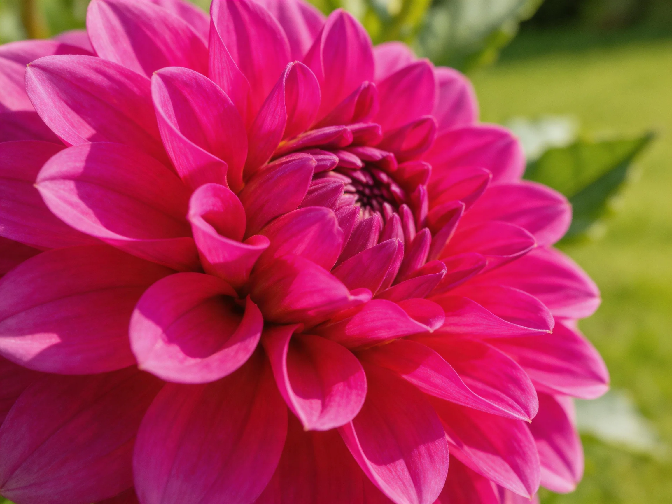 A vibrant magenta dahlia with layered petals in sharp focus