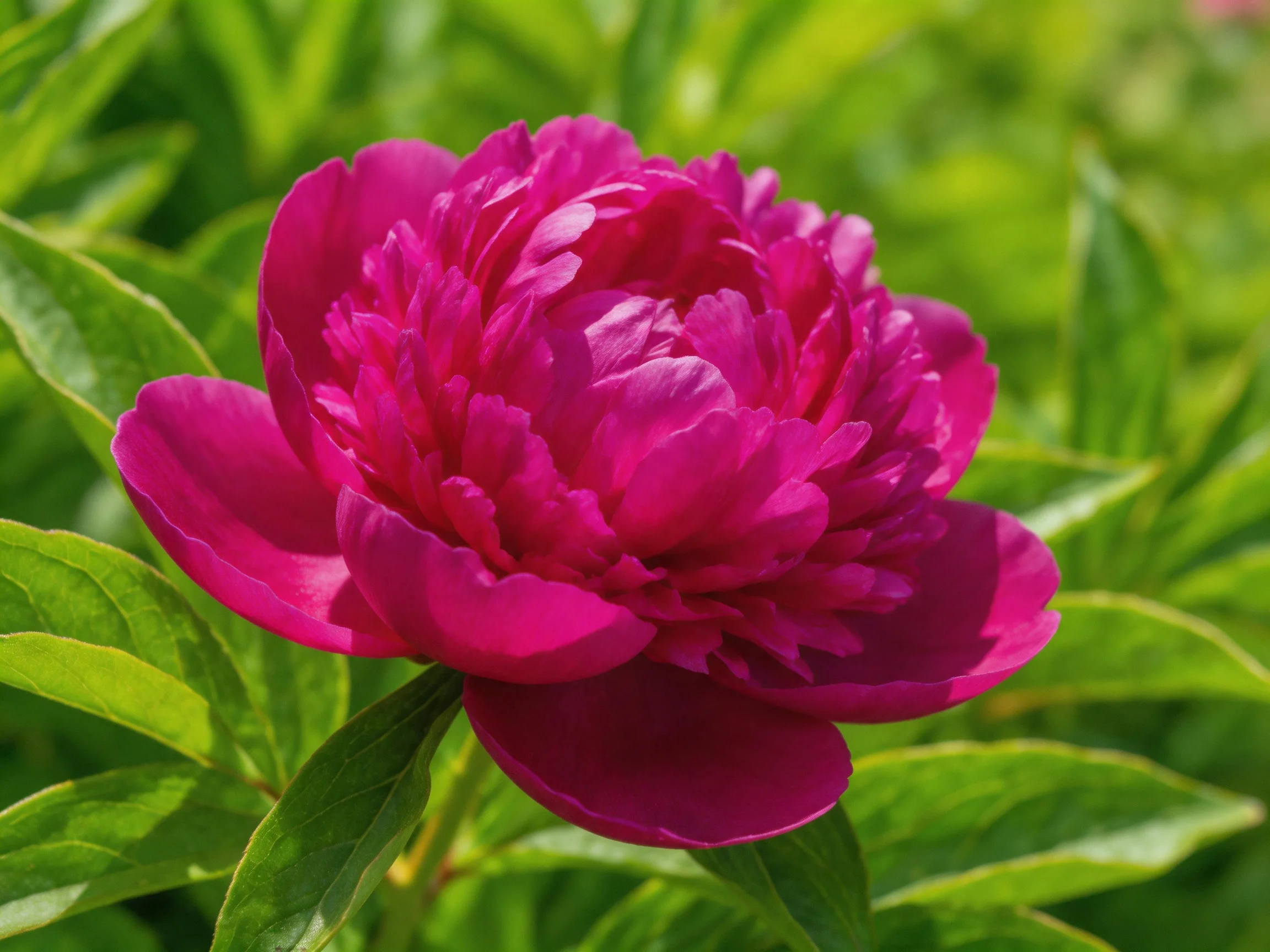 A vibrant magenta peony blooms among lush green foliage