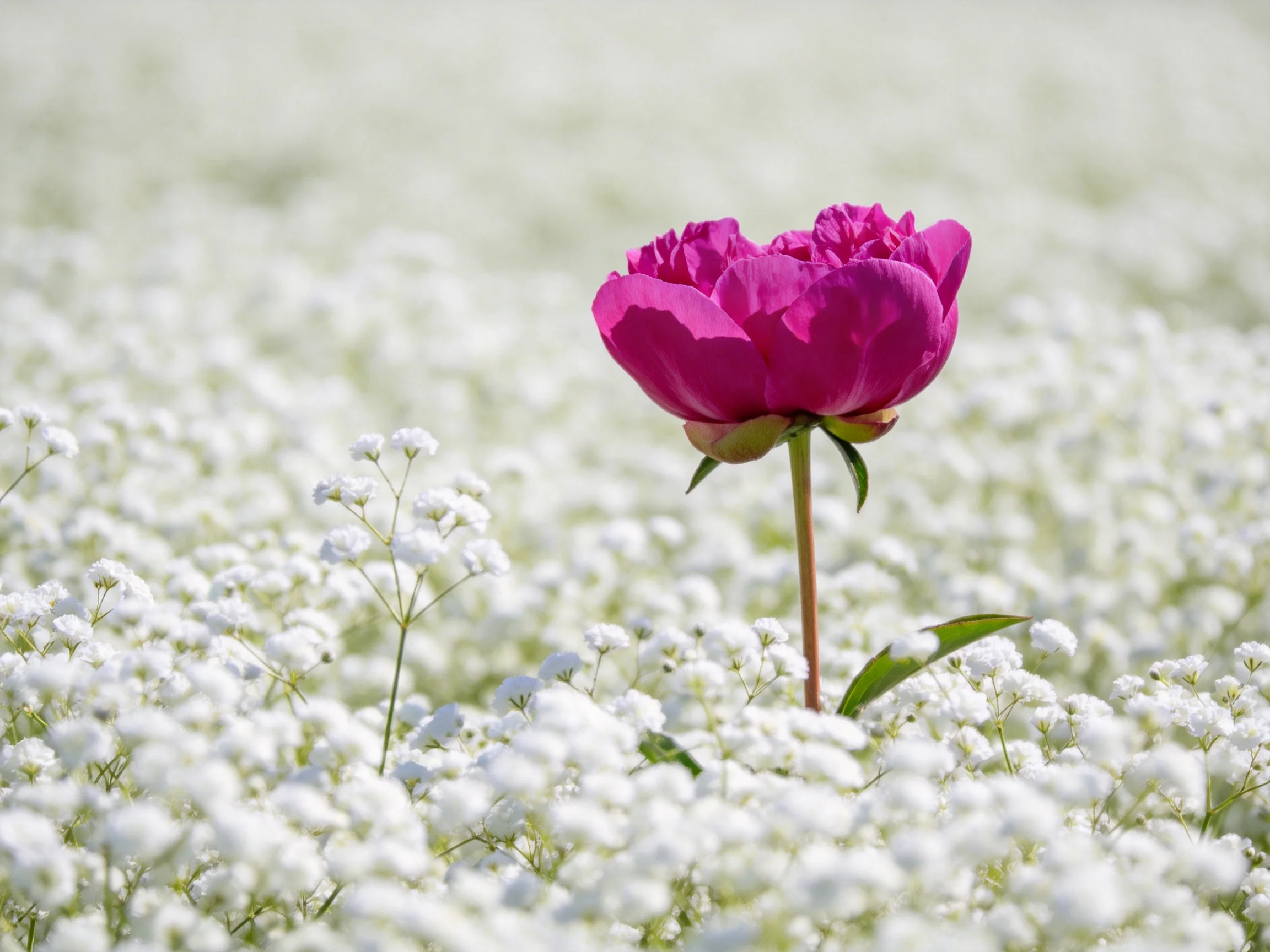 A vibrant magenta peony stands alone amid a sea of small white blooms