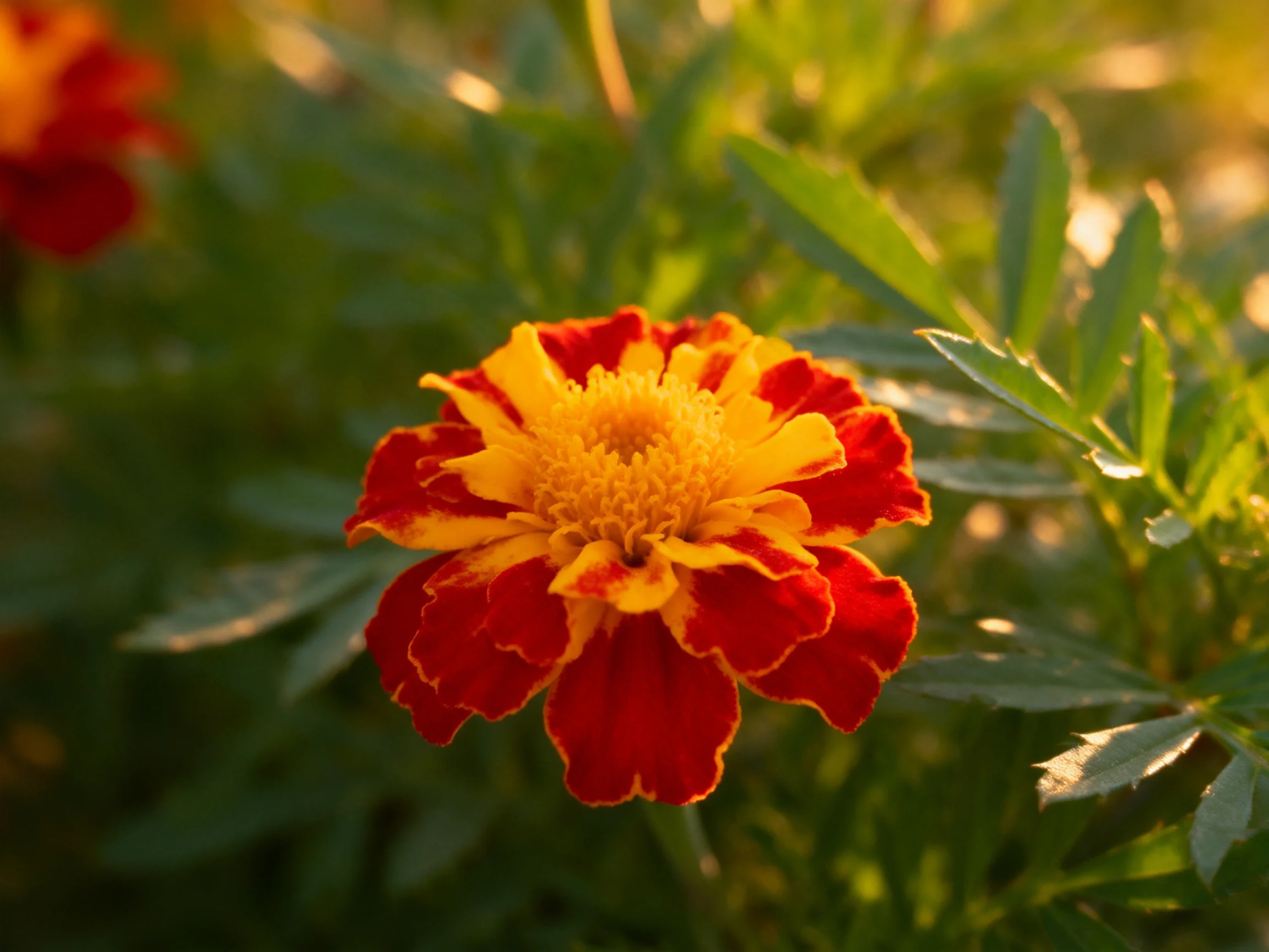 A vibrant marigold with red and yellow petals in a sunlit garden