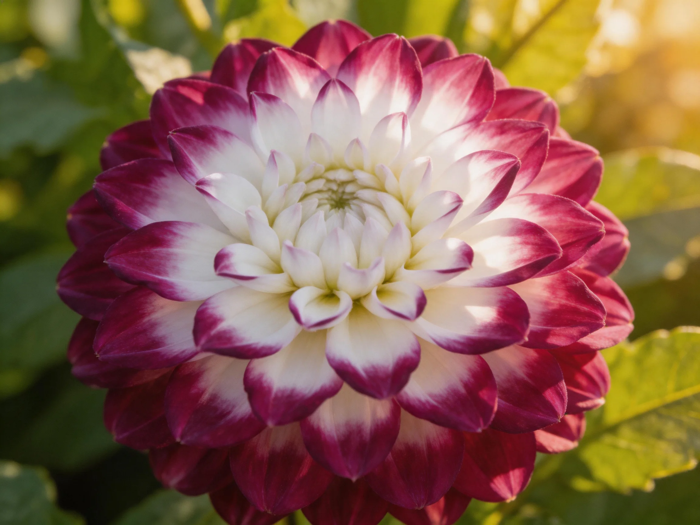 A vibrant maroon and white dahlia blooming in natural light
