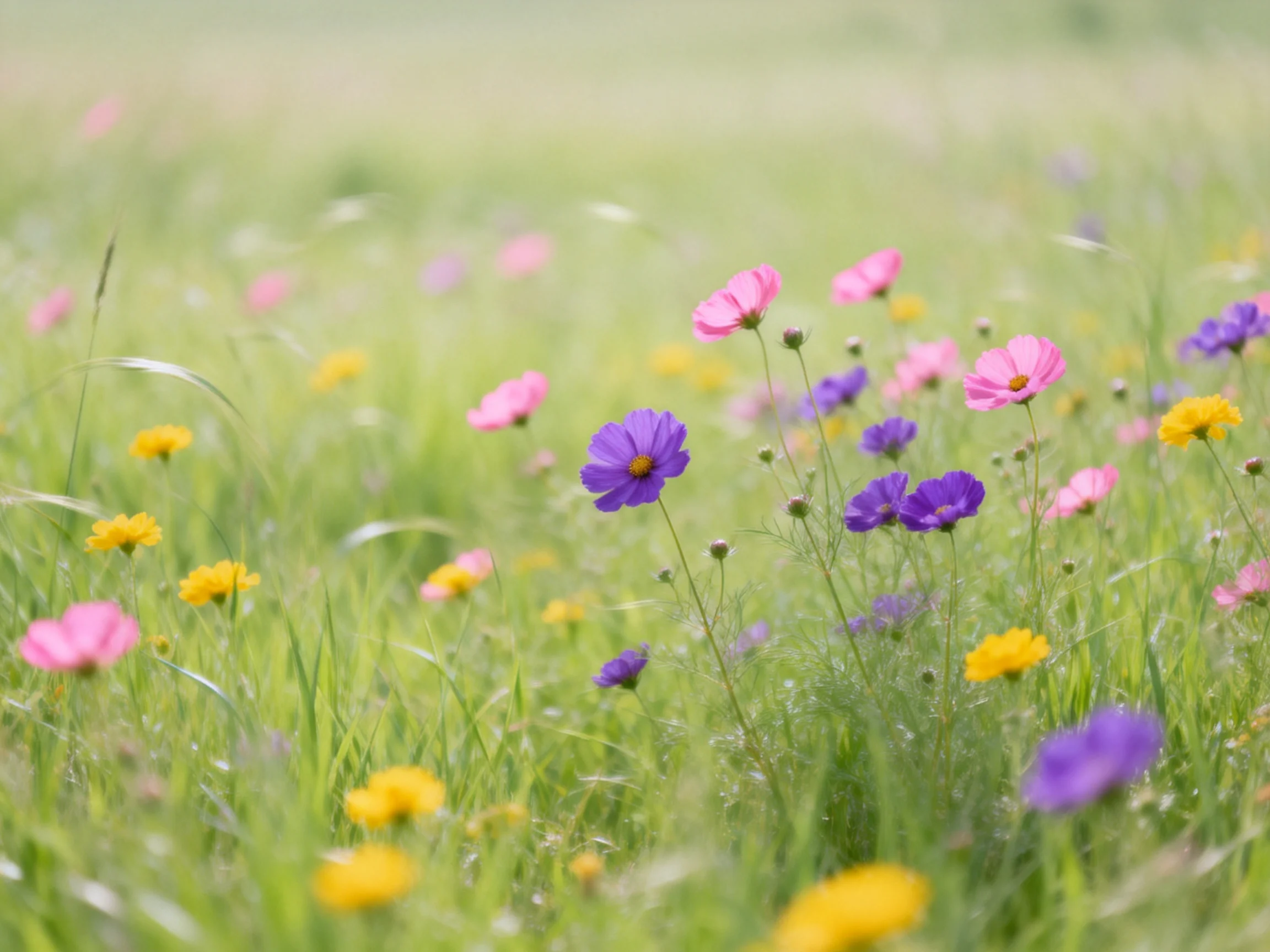 A vibrant meadow filled with pink, purple, and yellow wildflowers