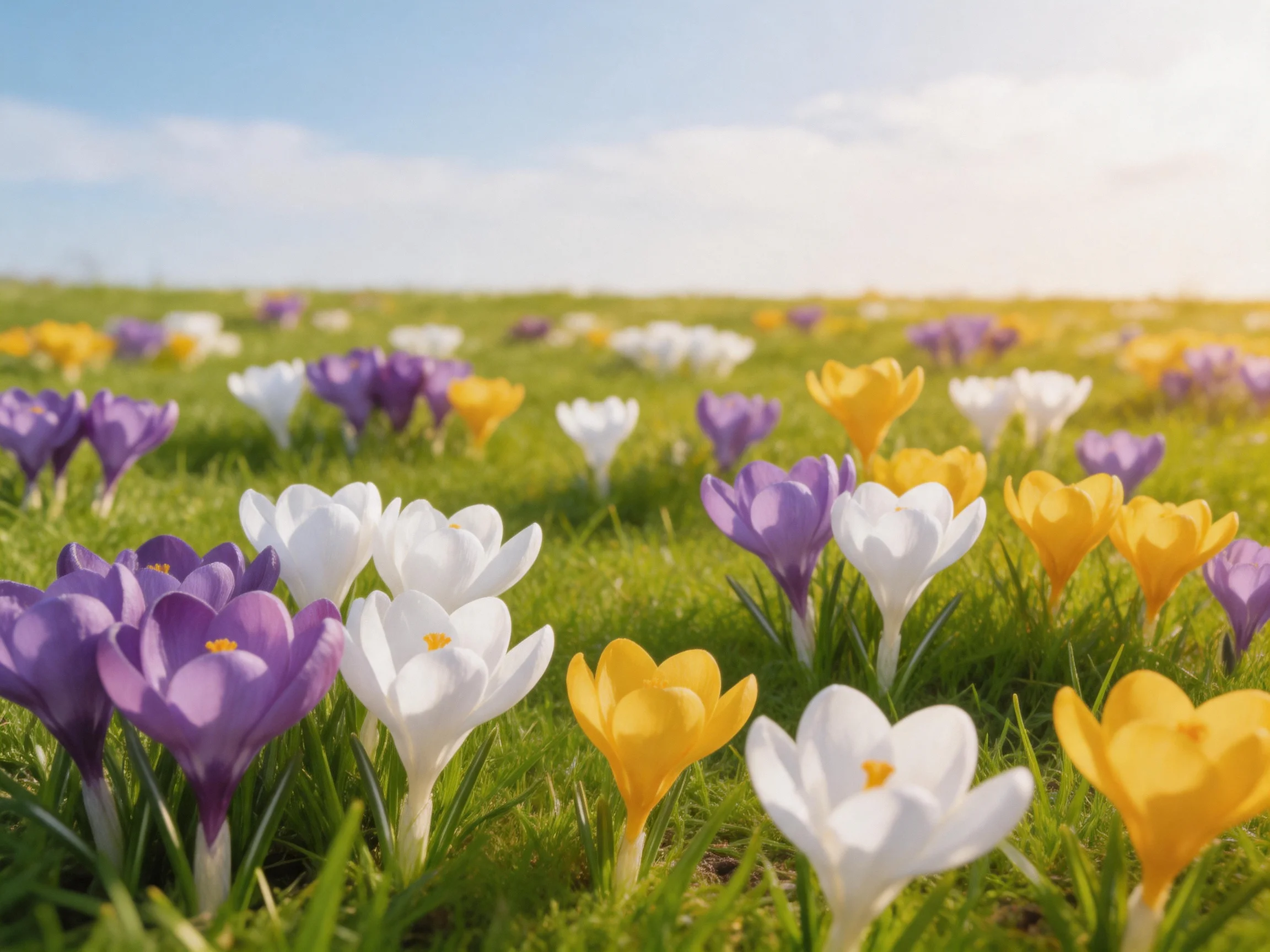 A vibrant meadow filled with purple, white, and yellow crocus flowers under bright sunlight