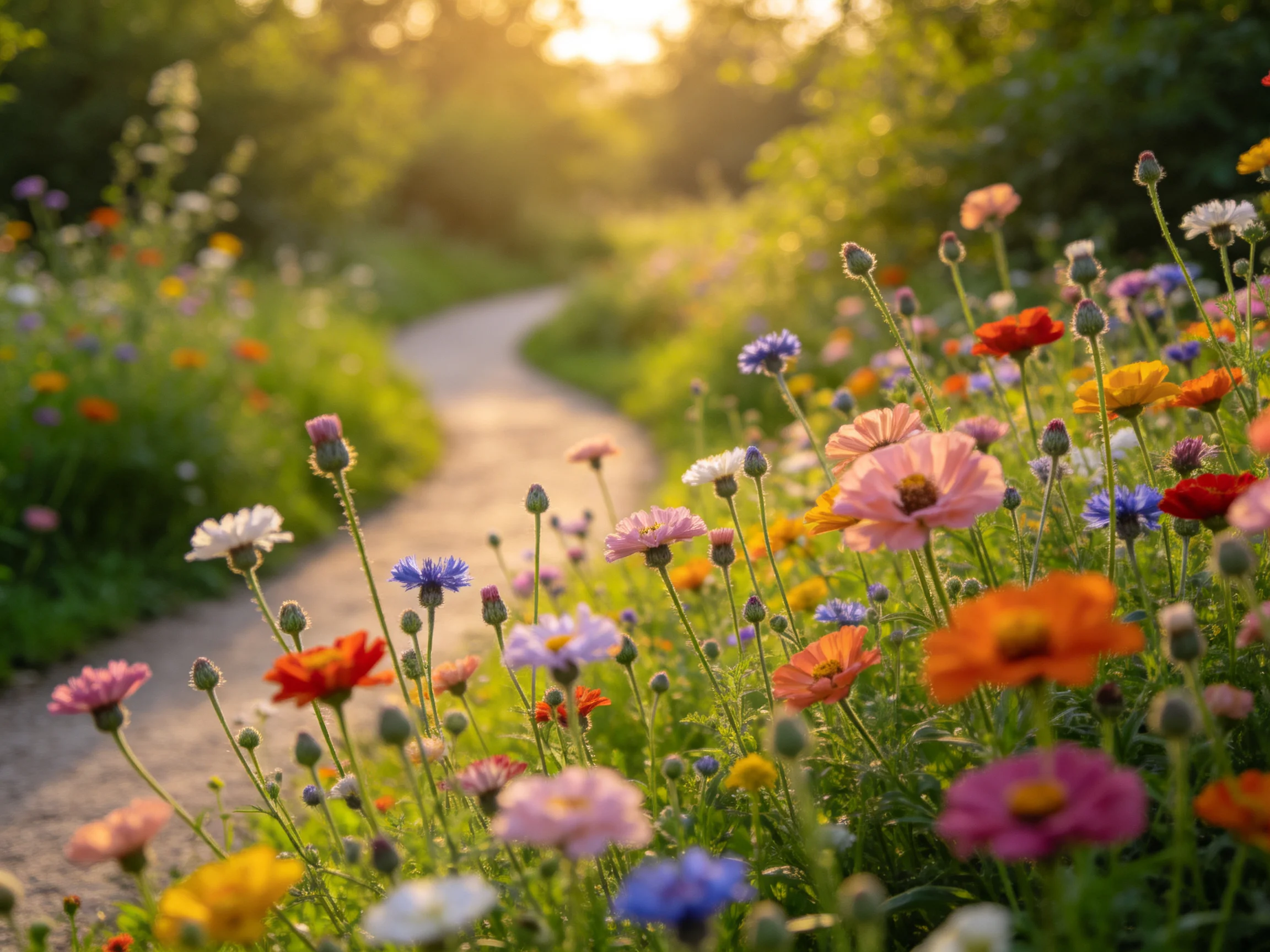 A vibrant meadow of mixed wildflowers beside a winding dirt path