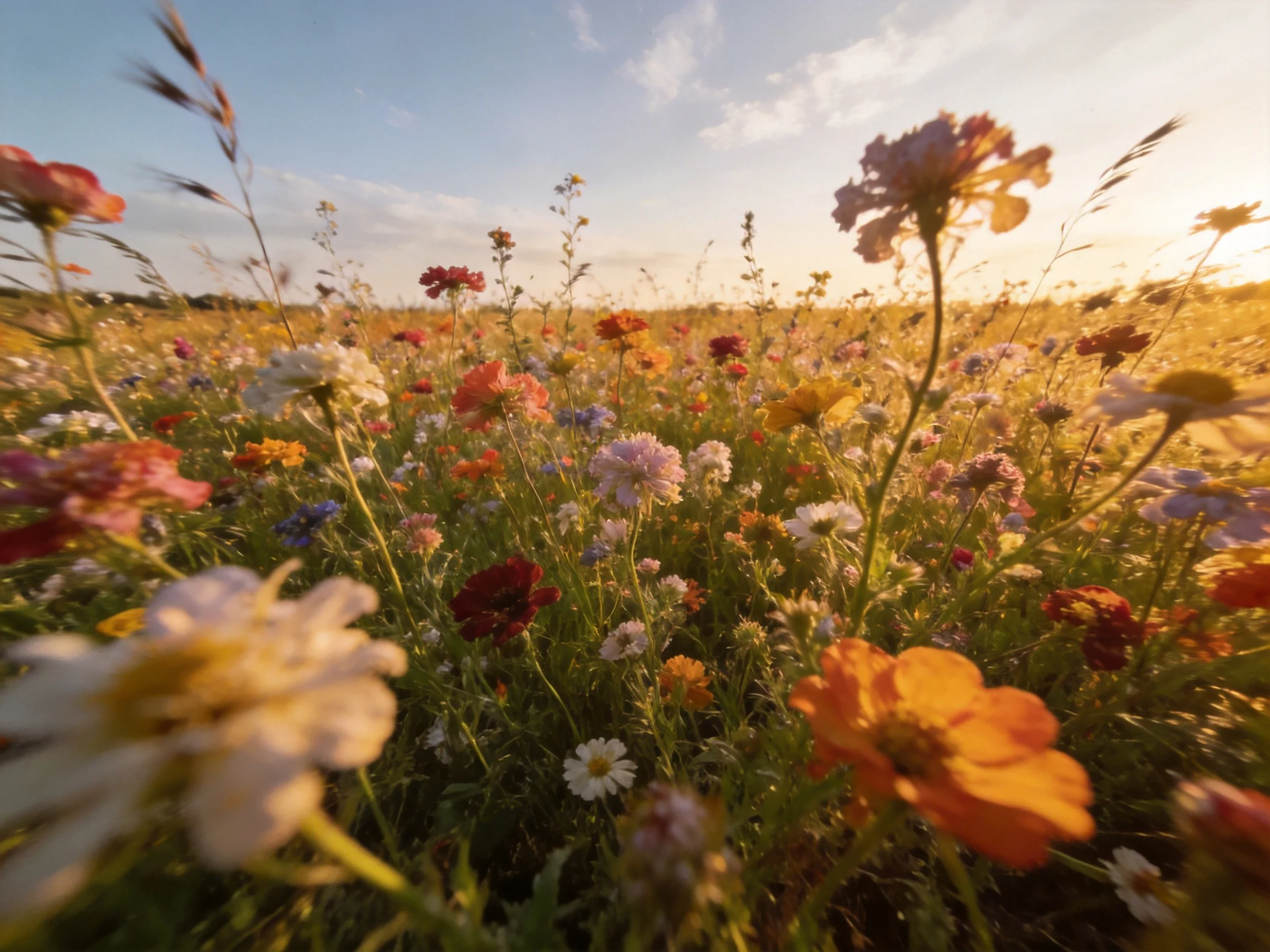 A vibrant meadow of mixed wildflowers under golden sunlight