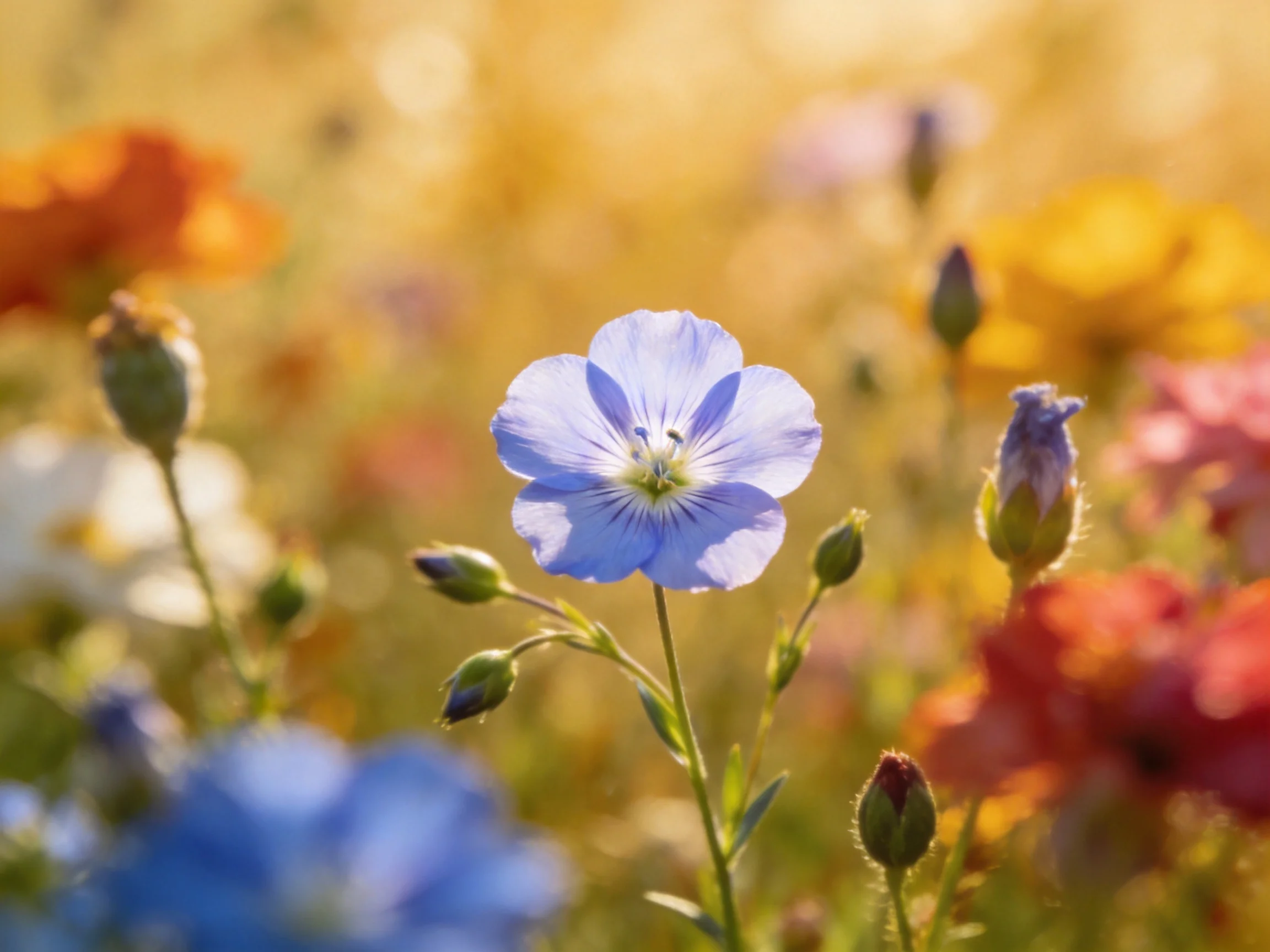 A vibrant meadow with a central blue flax flower among colorful wildflowers