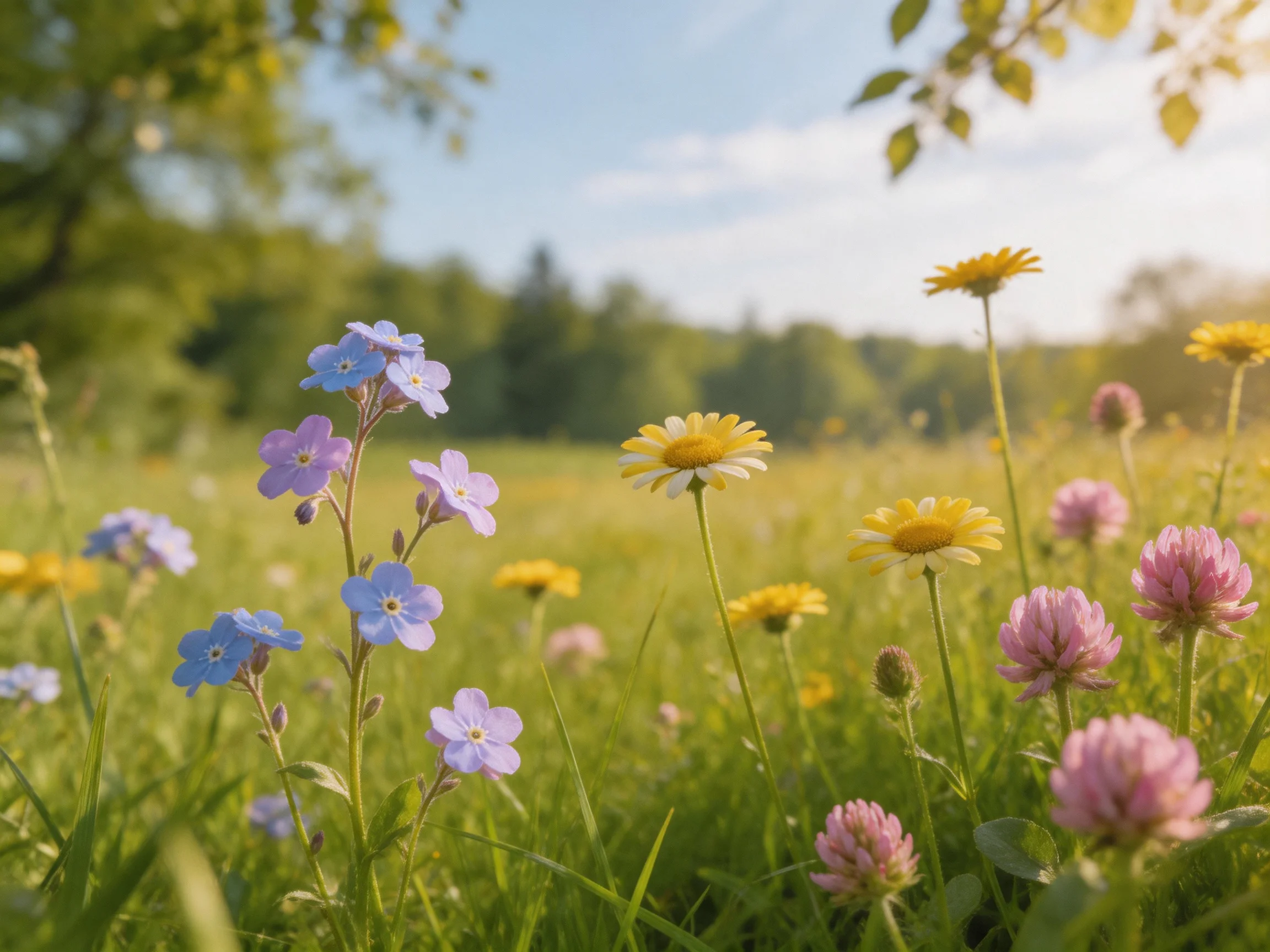 A vibrant meadow with blue, purple, yellow, and pink wildflowers under sunny skies