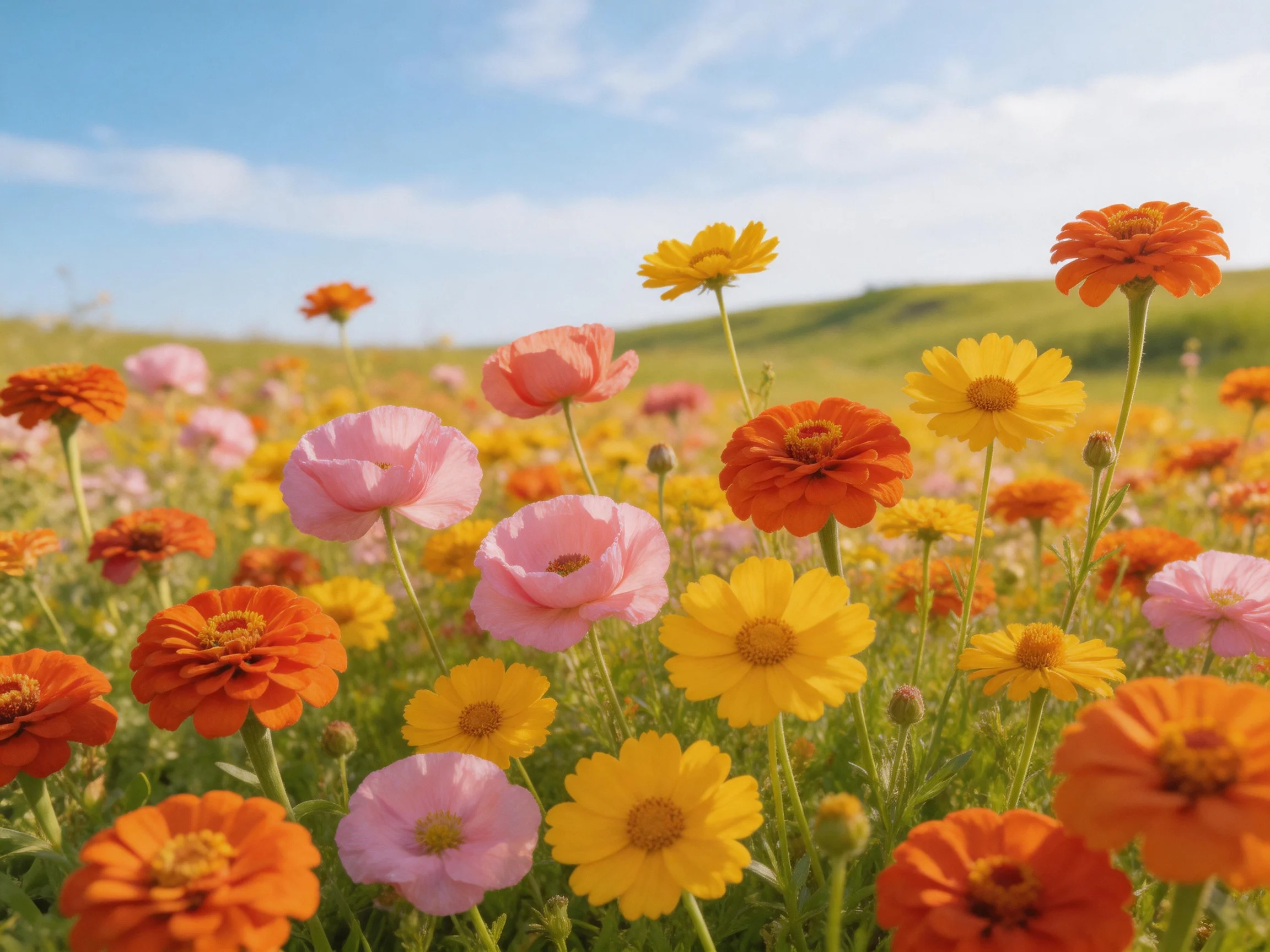 A vibrant meadow with colorful blooms of multiple hues