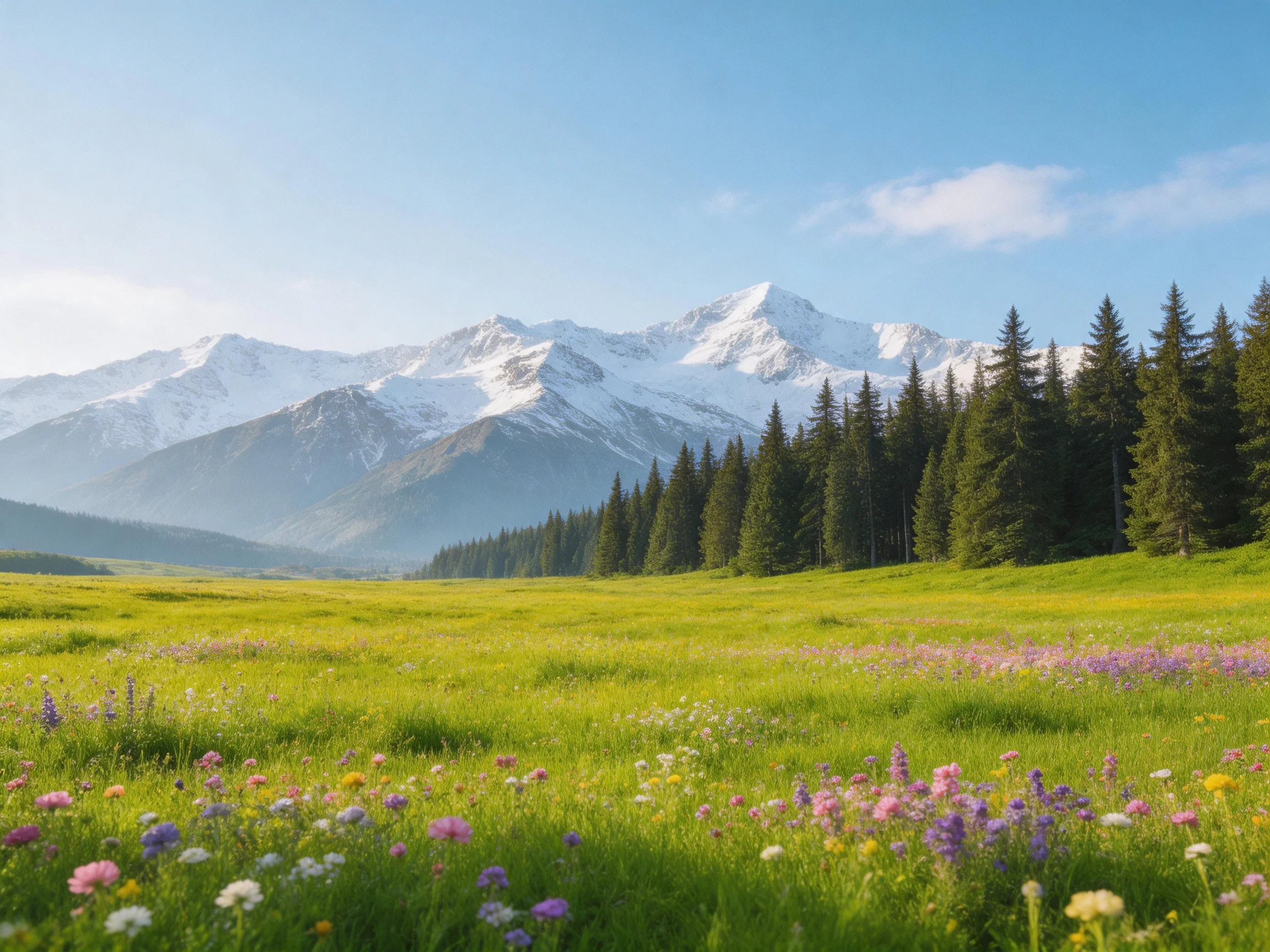 A vibrant meadow with colorful wildflowers, pine forest, and snow-capped mountains