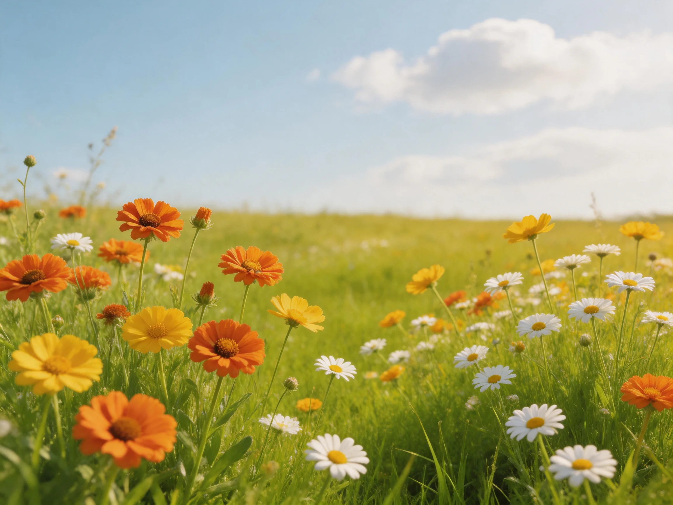 A vibrant meadow with orange, yellow, and white wildflowers under a bright blue sky