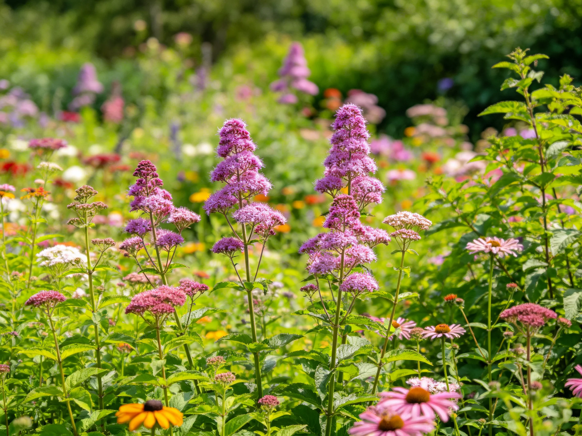 A vibrant meadow with tall purple blooms and colorful wildflowers