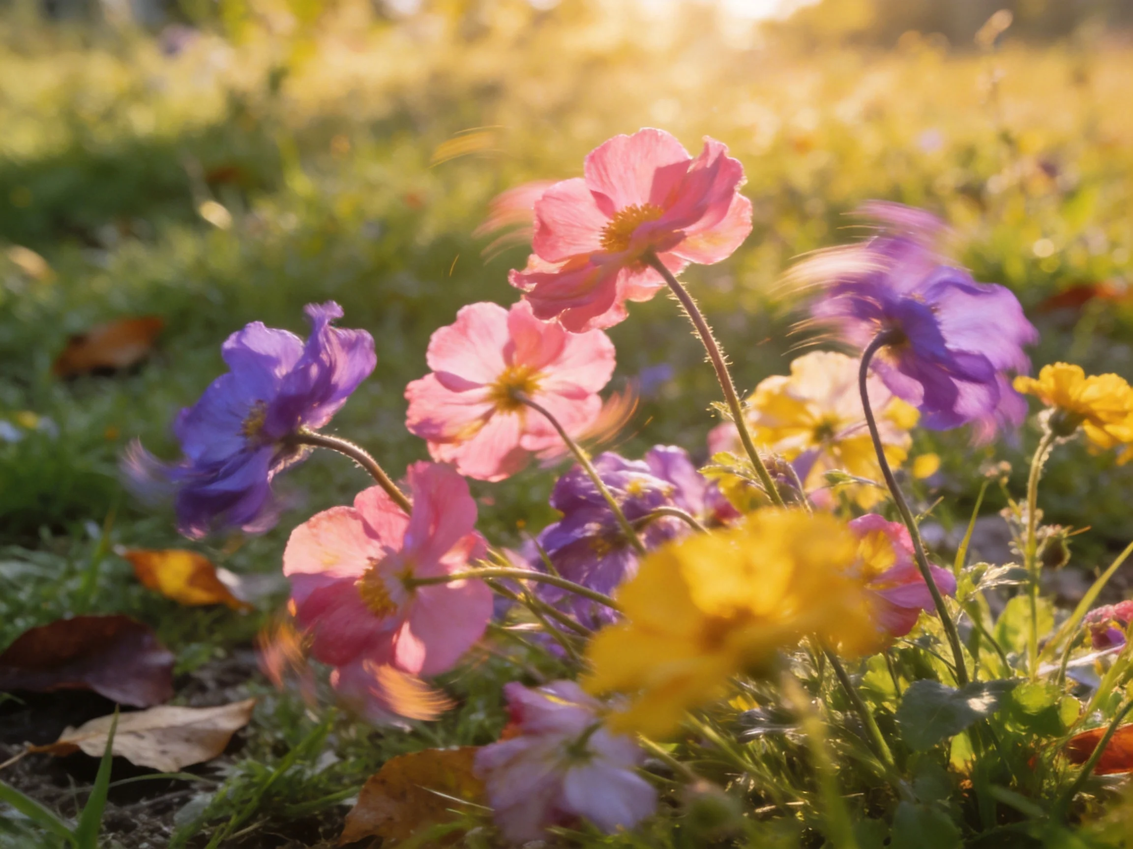 A vibrant mix of pink, purple, and yellow flowers blooming in sunlit grass