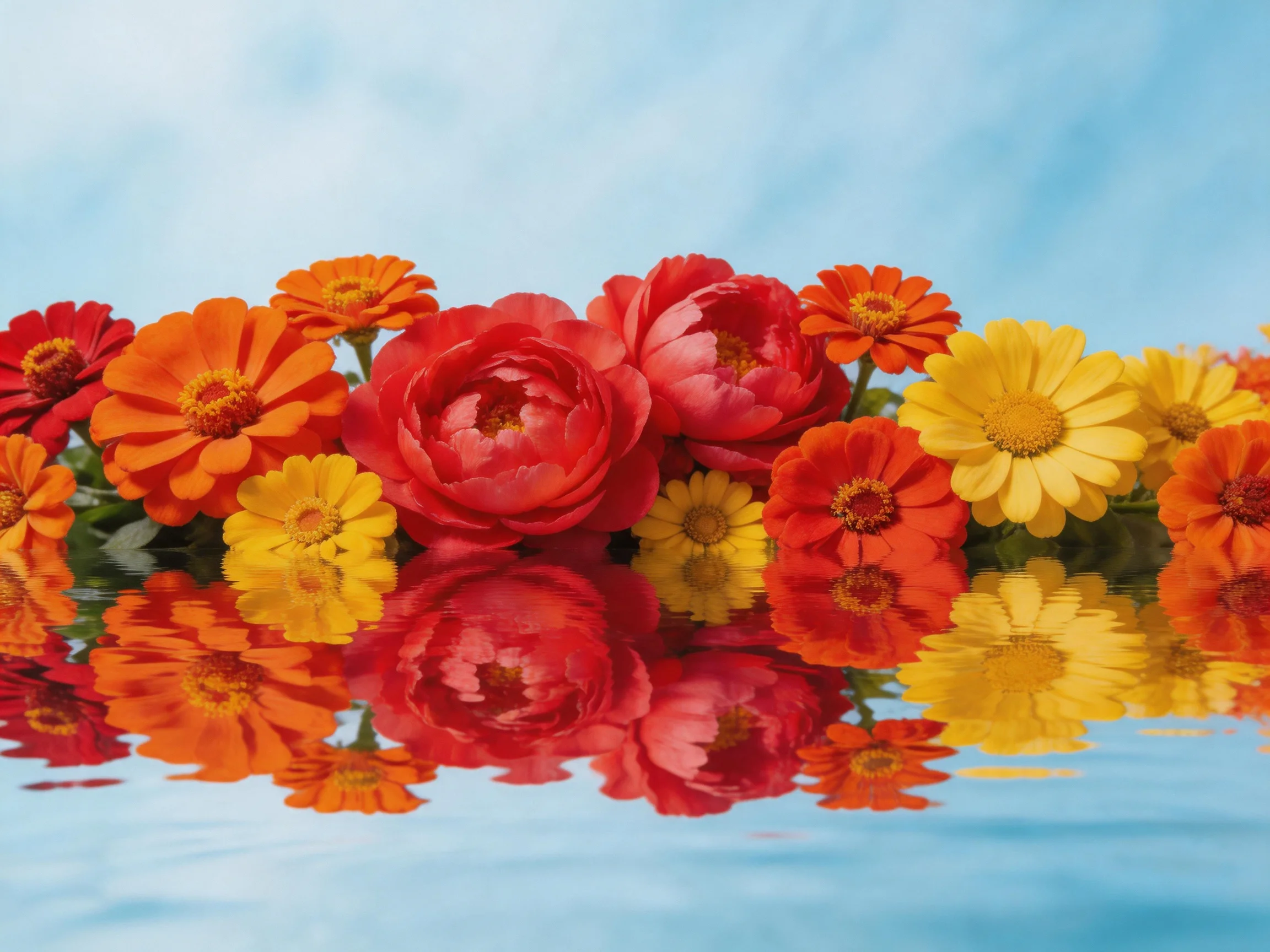 A vibrant mix of red, orange, and yellow flowers reflected in calm water