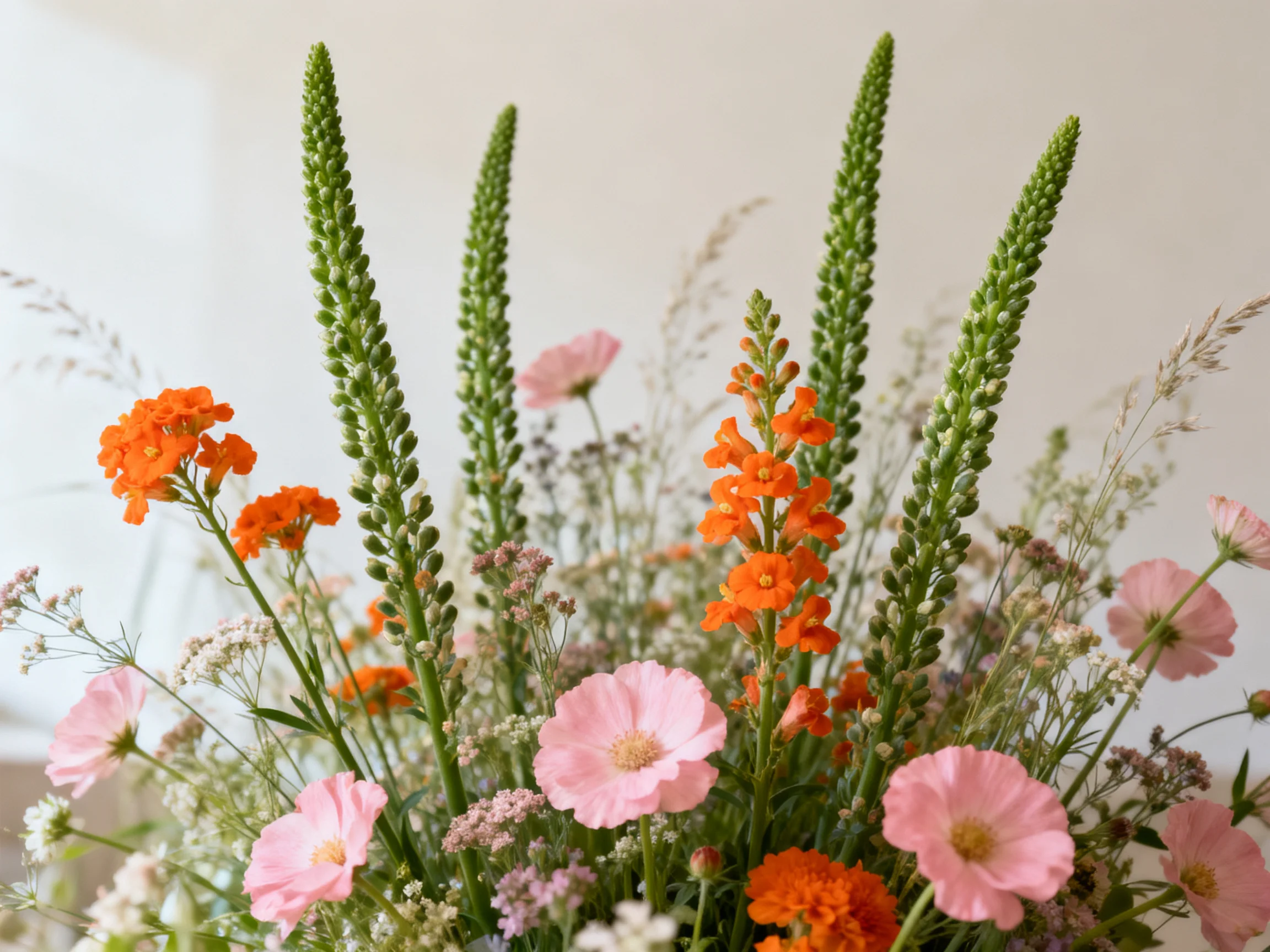 A vibrant mixed bouquet of pink, orange, and green flowers