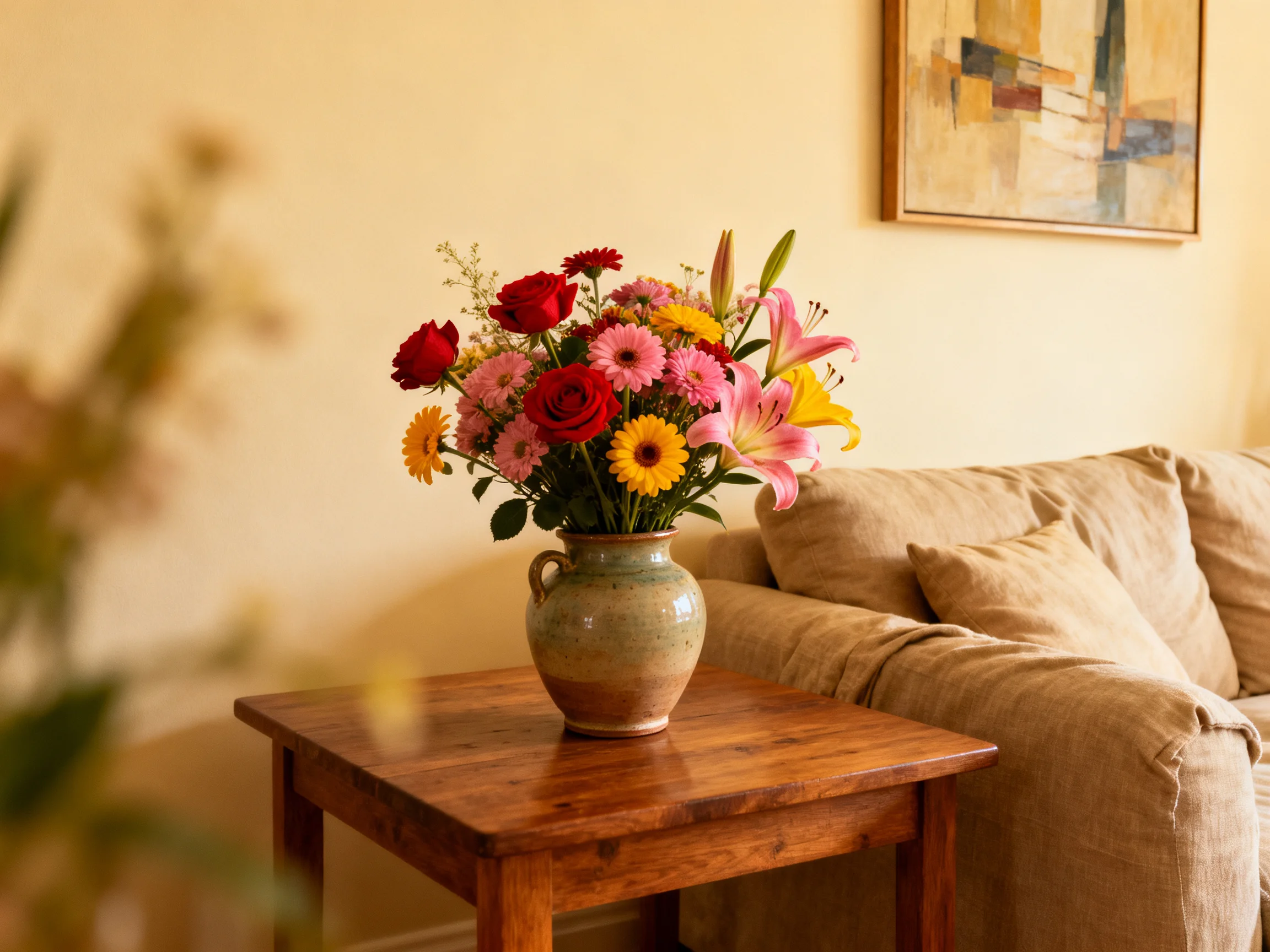 A vibrant mixed flower bouquet in a ceramic vase on a wooden side table