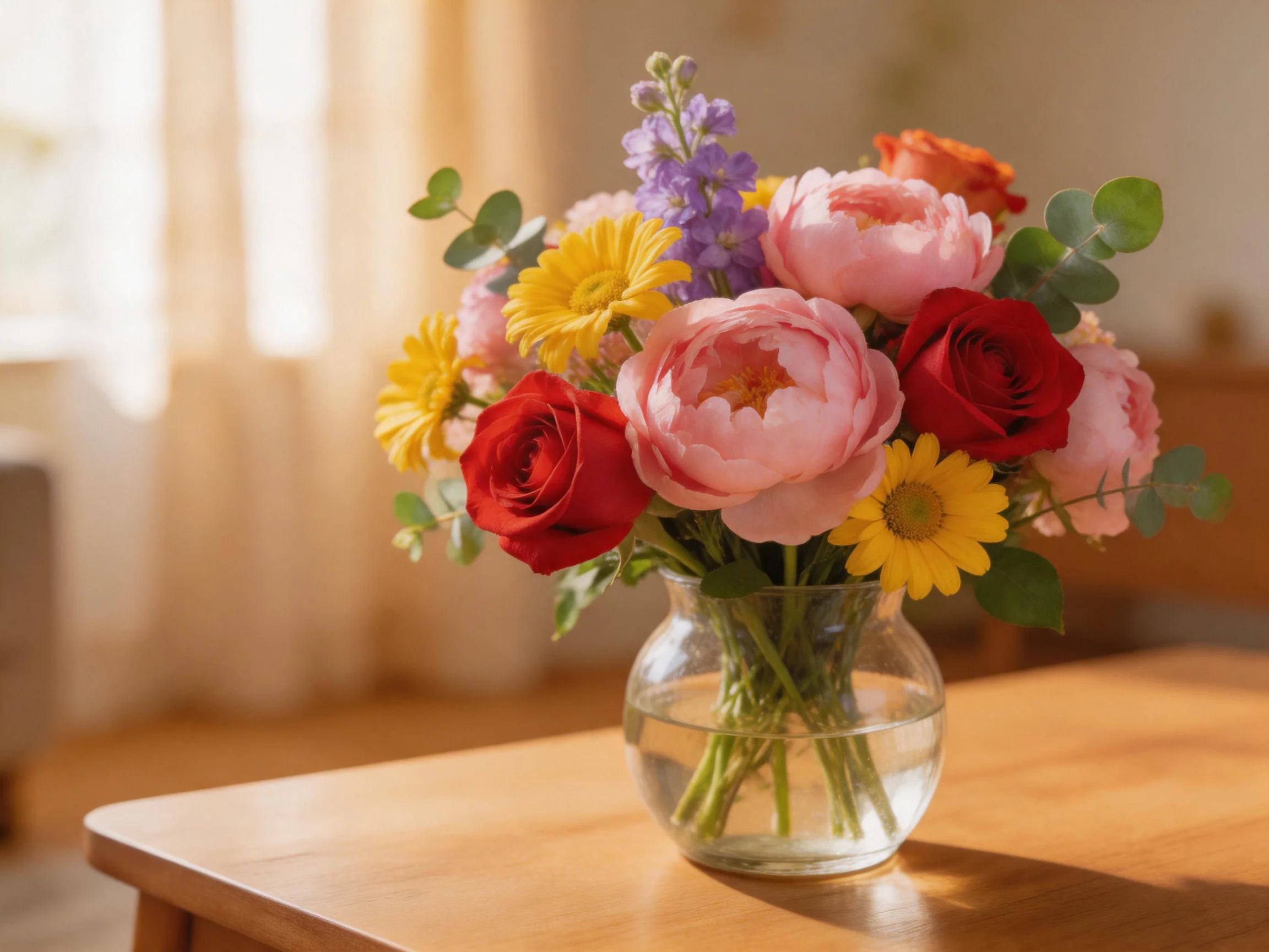 A vibrant mixed flower bouquet in a clear glass vase on a wooden table
