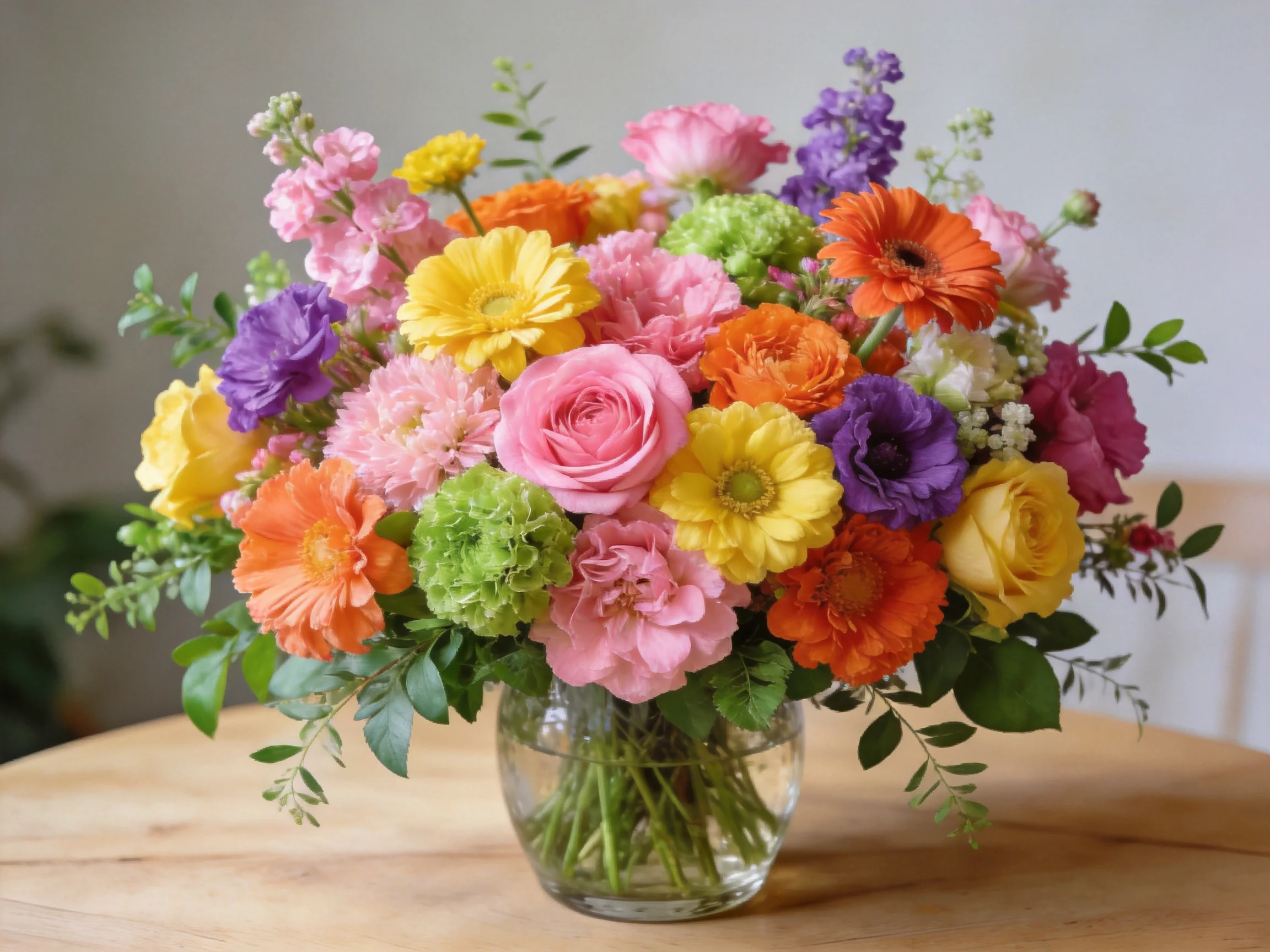 A vibrant mixed flower bouquet in a glass vase