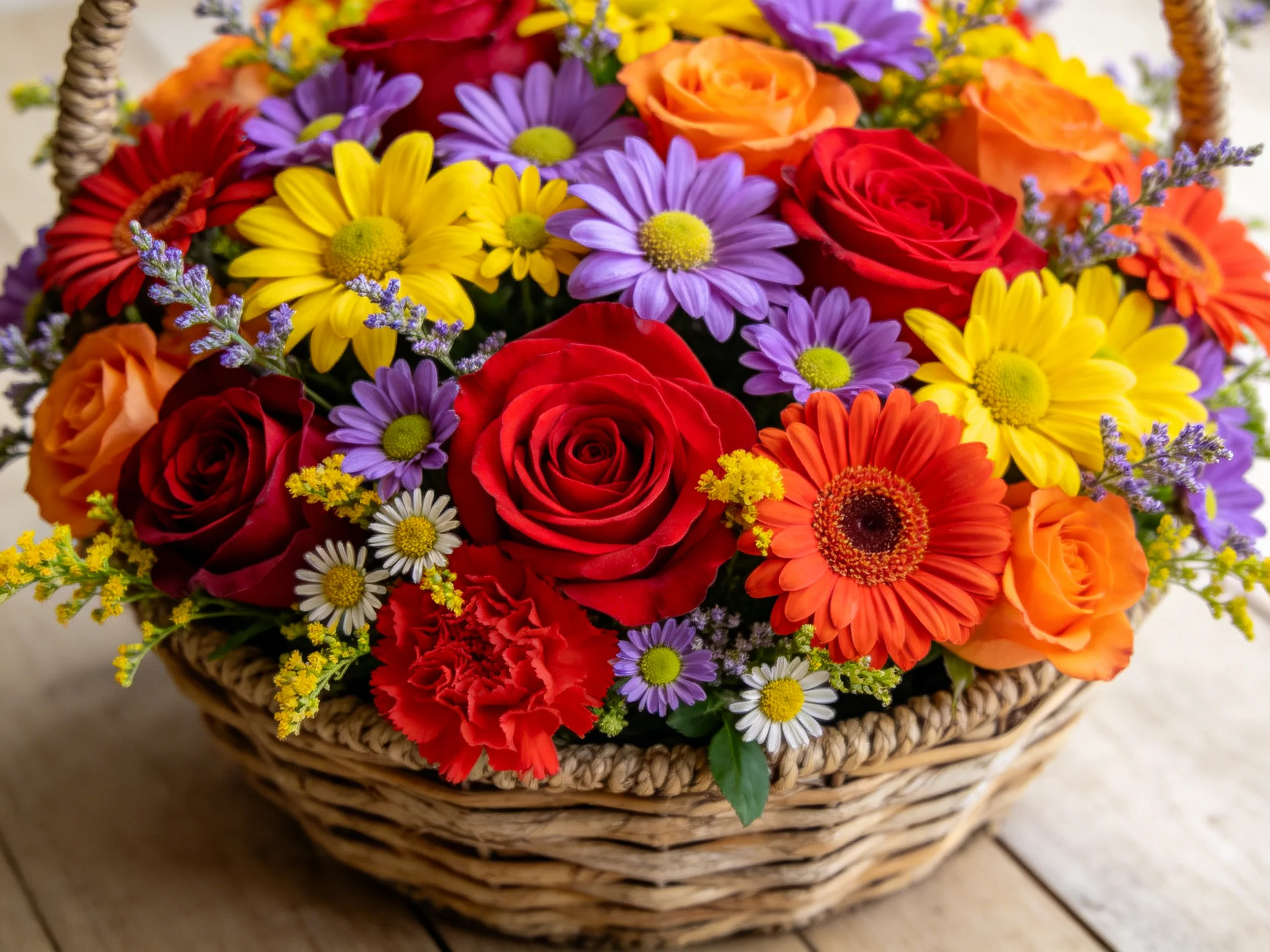 A vibrant mixed flower bouquet in a wicker basket