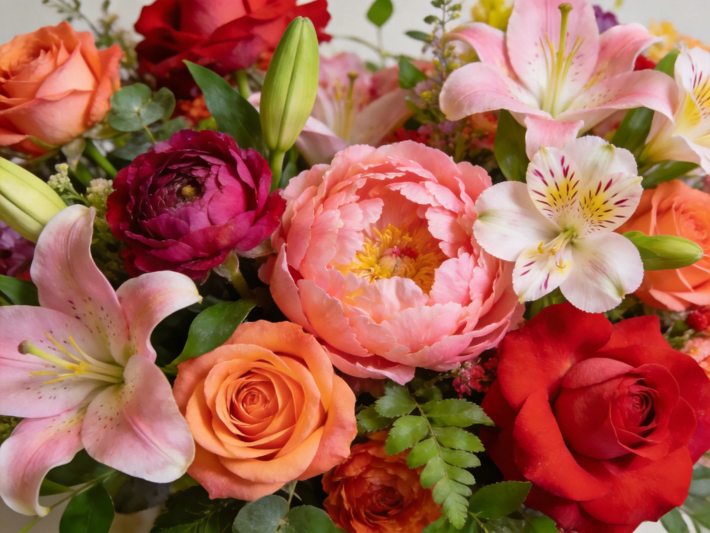 A vibrant mixed-flower bouquet with roses, lilies, and peonies