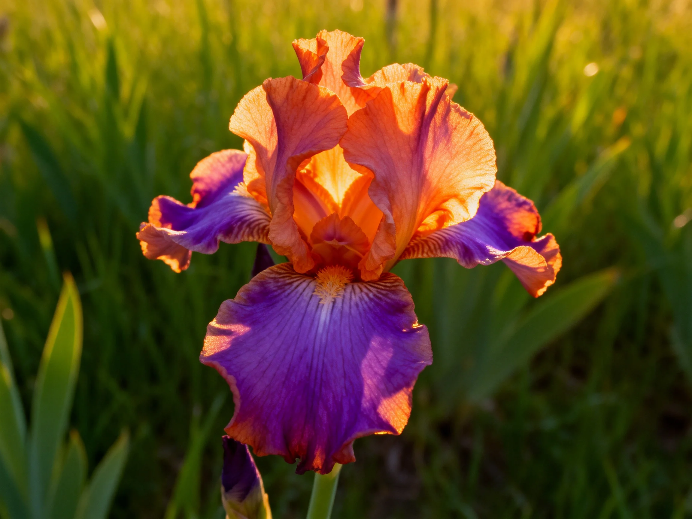 A vibrant orange and purple iris blooms amid lush greenery