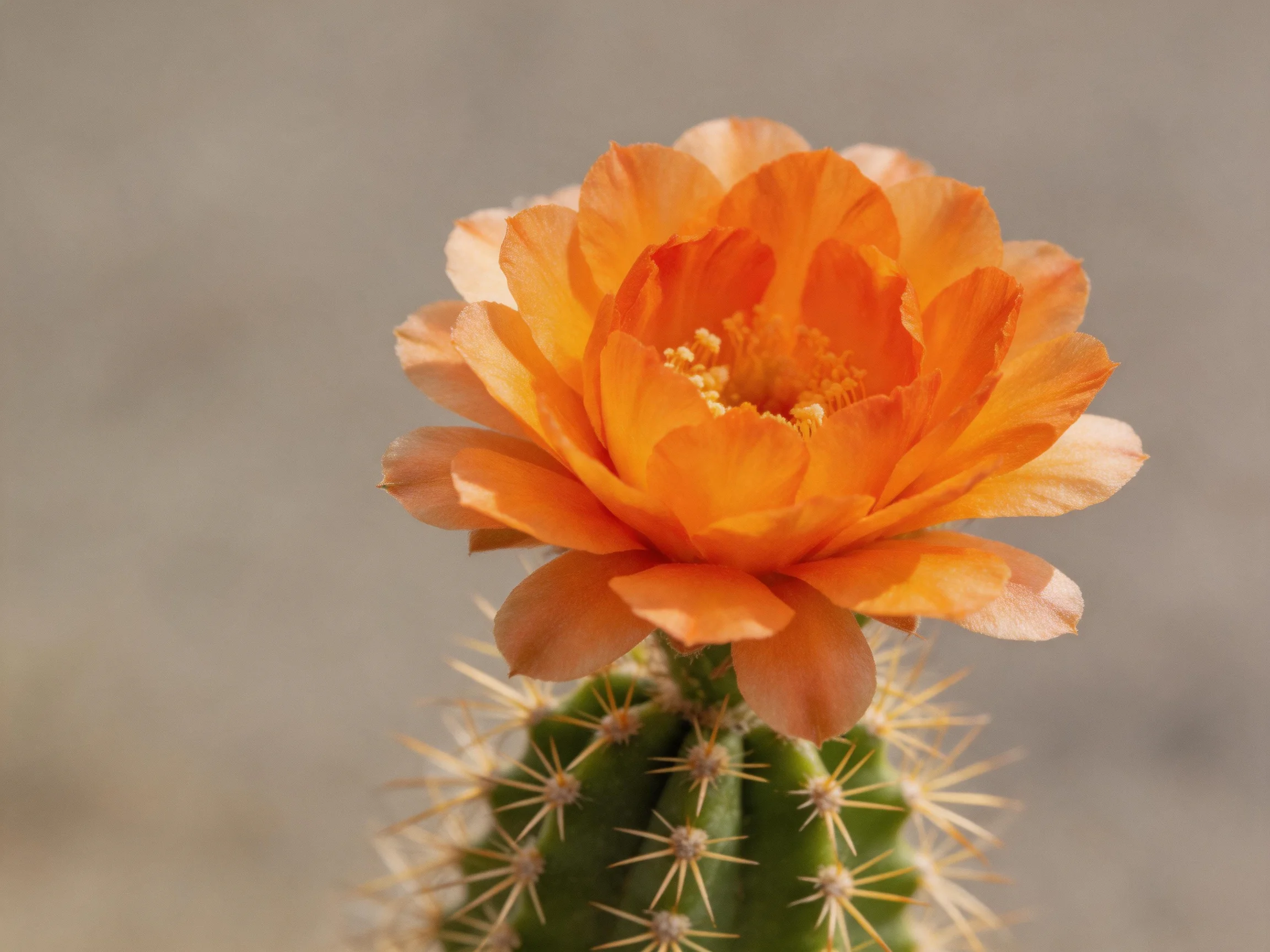 A vibrant orange cactus flower blooms atop a spiny green cactus