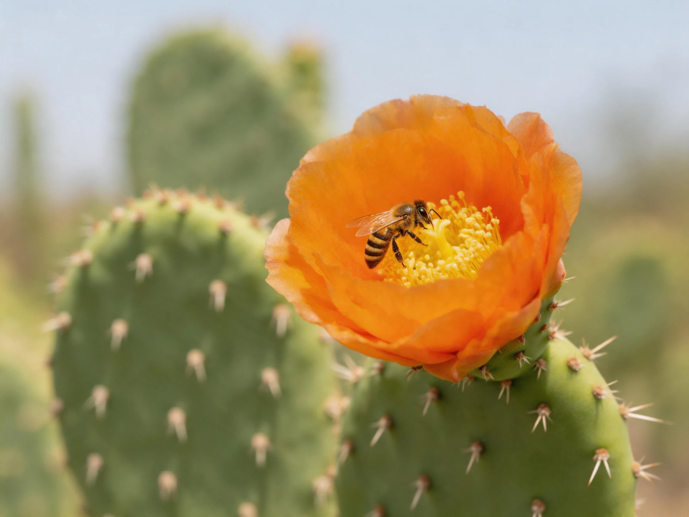 A vibrant orange cactus flower with a bee collecting pollen