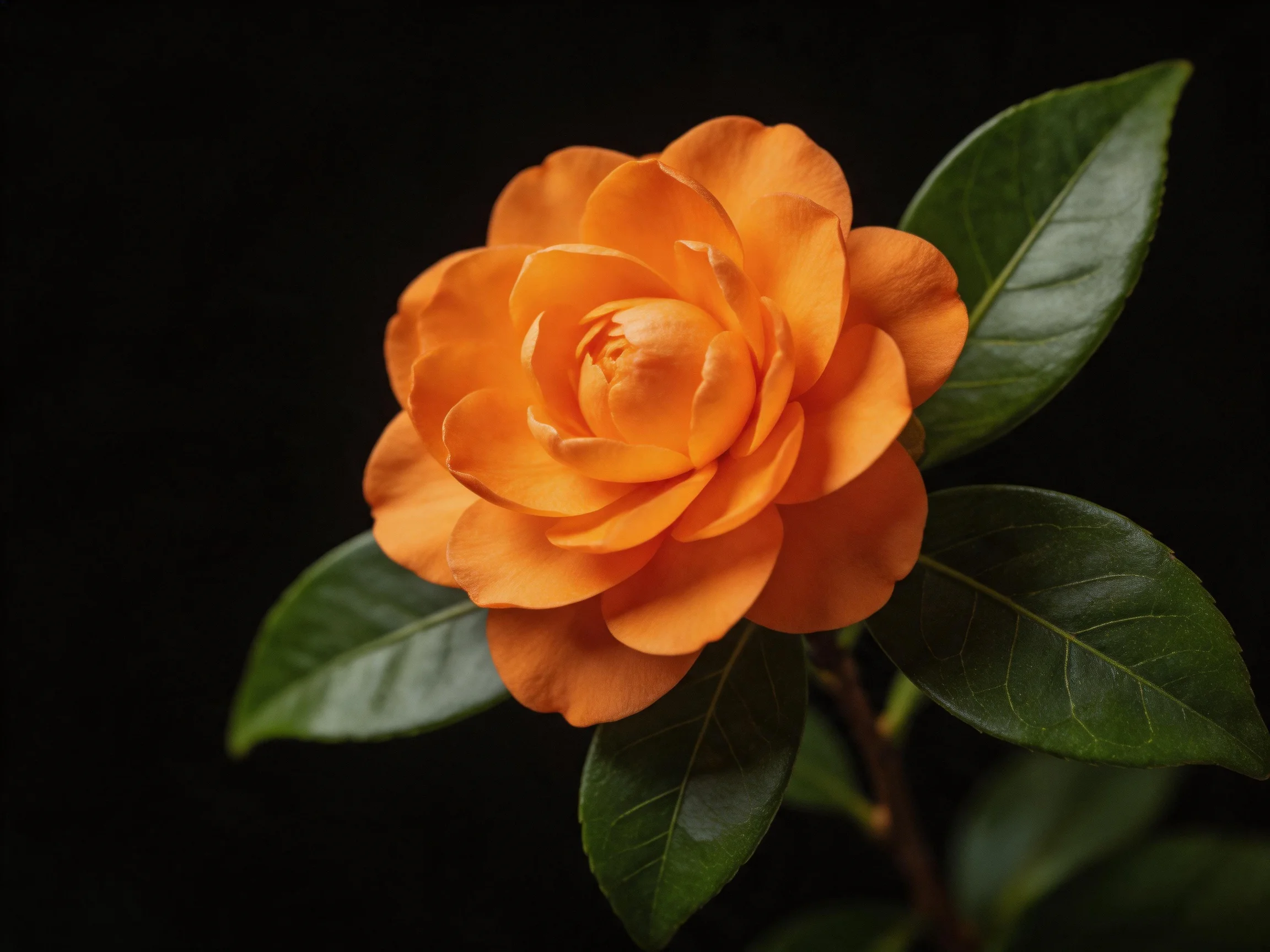 A vibrant orange camellia blooms beside glossy green leaves on a dark backdrop