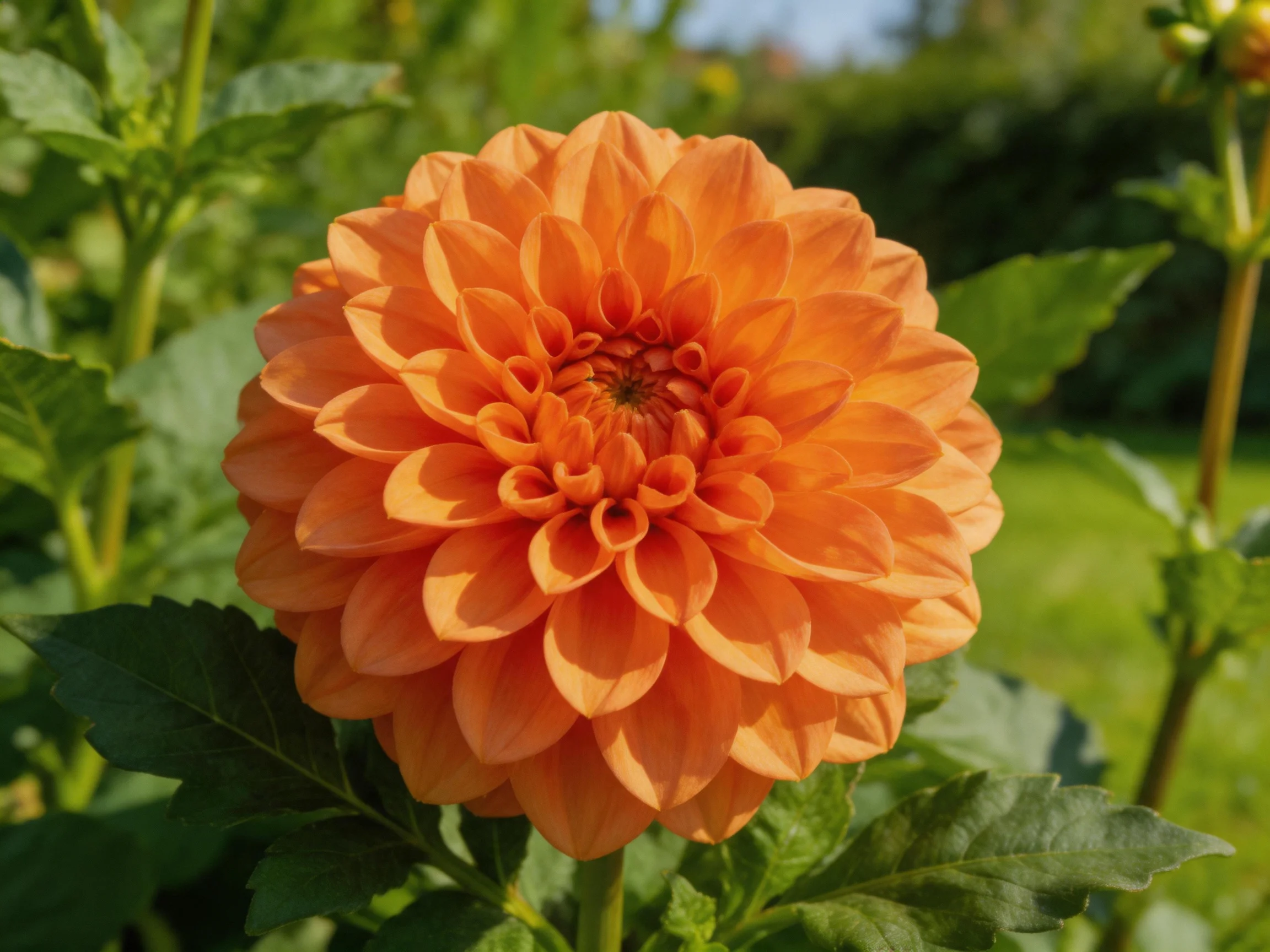 A vibrant orange dahlia blooms amid lush green foliage