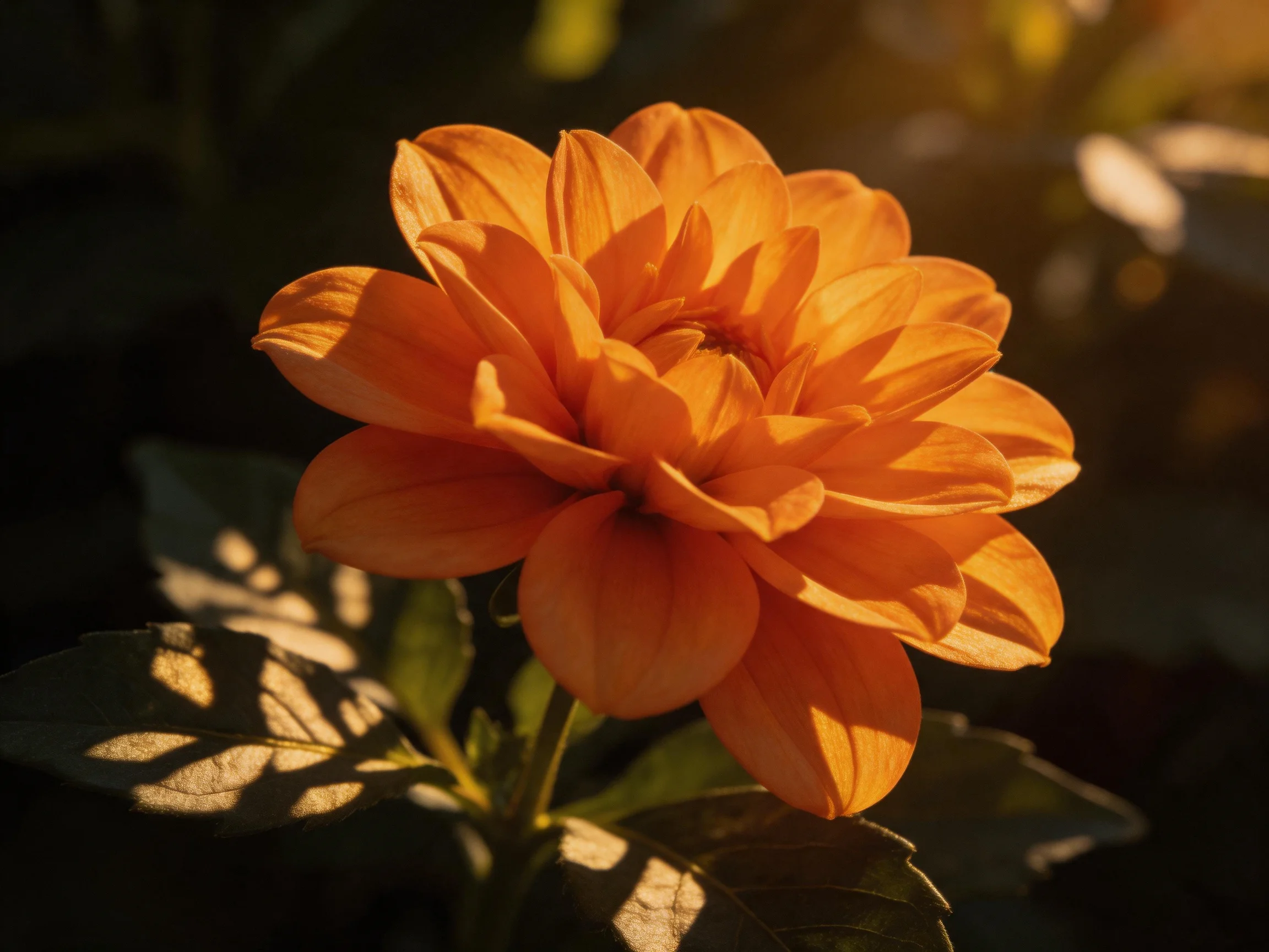 A vibrant orange dahlia blooms under warm golden sunlight
