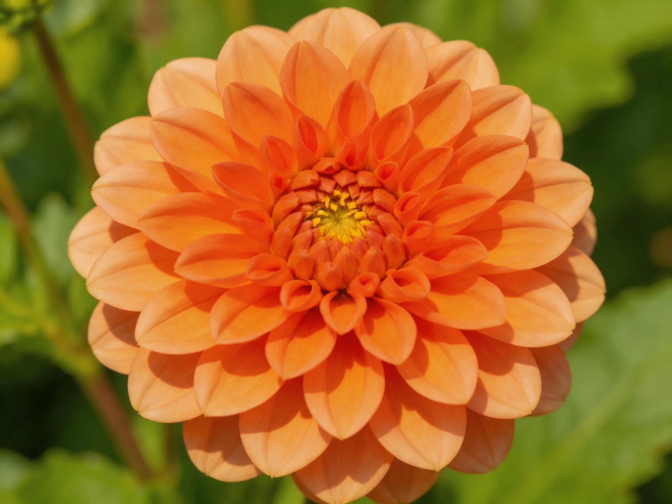 A vibrant orange dahlia with layered petals against green foliage