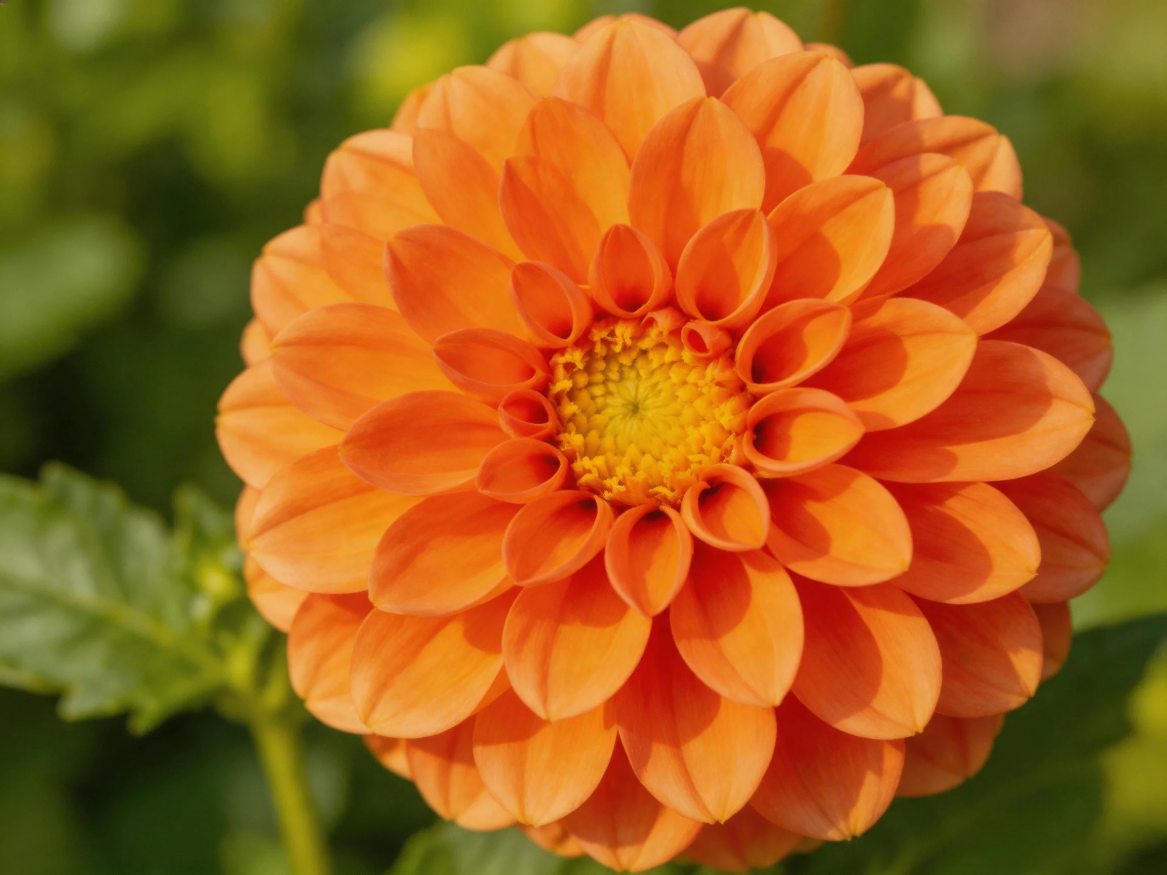 A vibrant orange dahlia with layered petals and a sunny yellow center